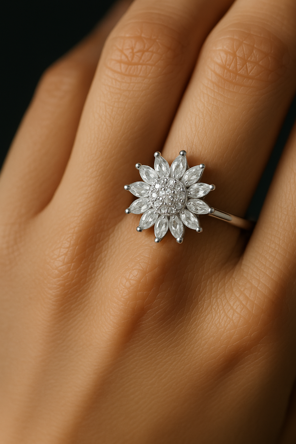 Silver Sunflower Adjustable Spinner Ring