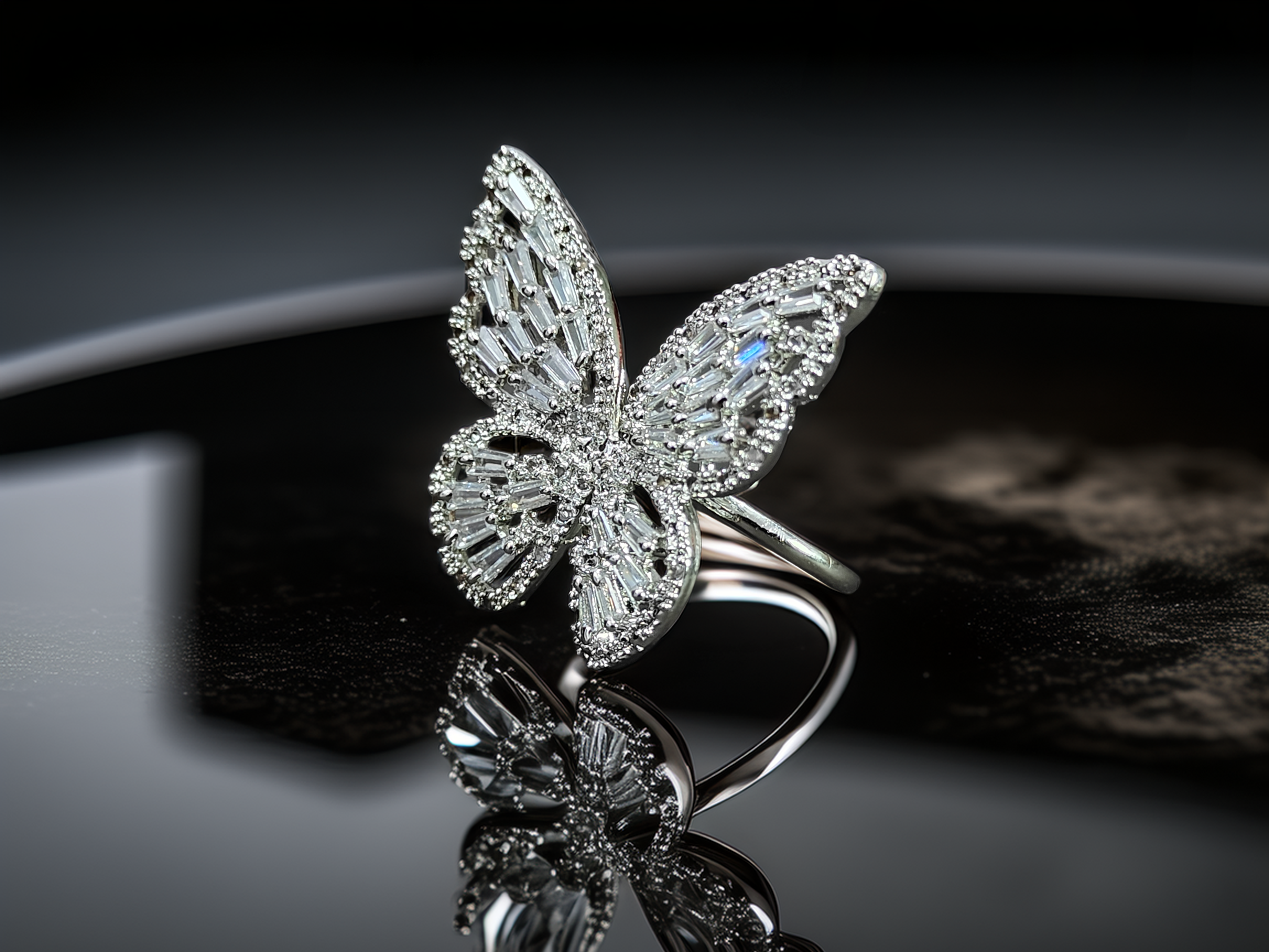 Crystal Silver Butterfly Adjustable Ring | American Diamond Shine