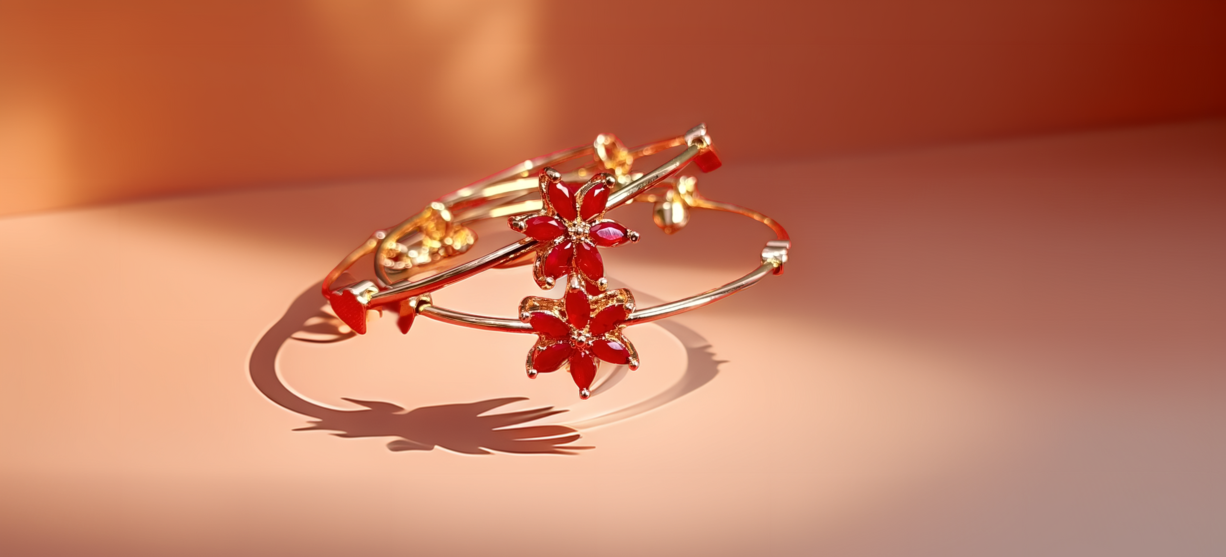 Pair of Gold Plated Adjustable Flower Bracelet for Women | Red Stone Kada | Party & Festive Wear (1055)