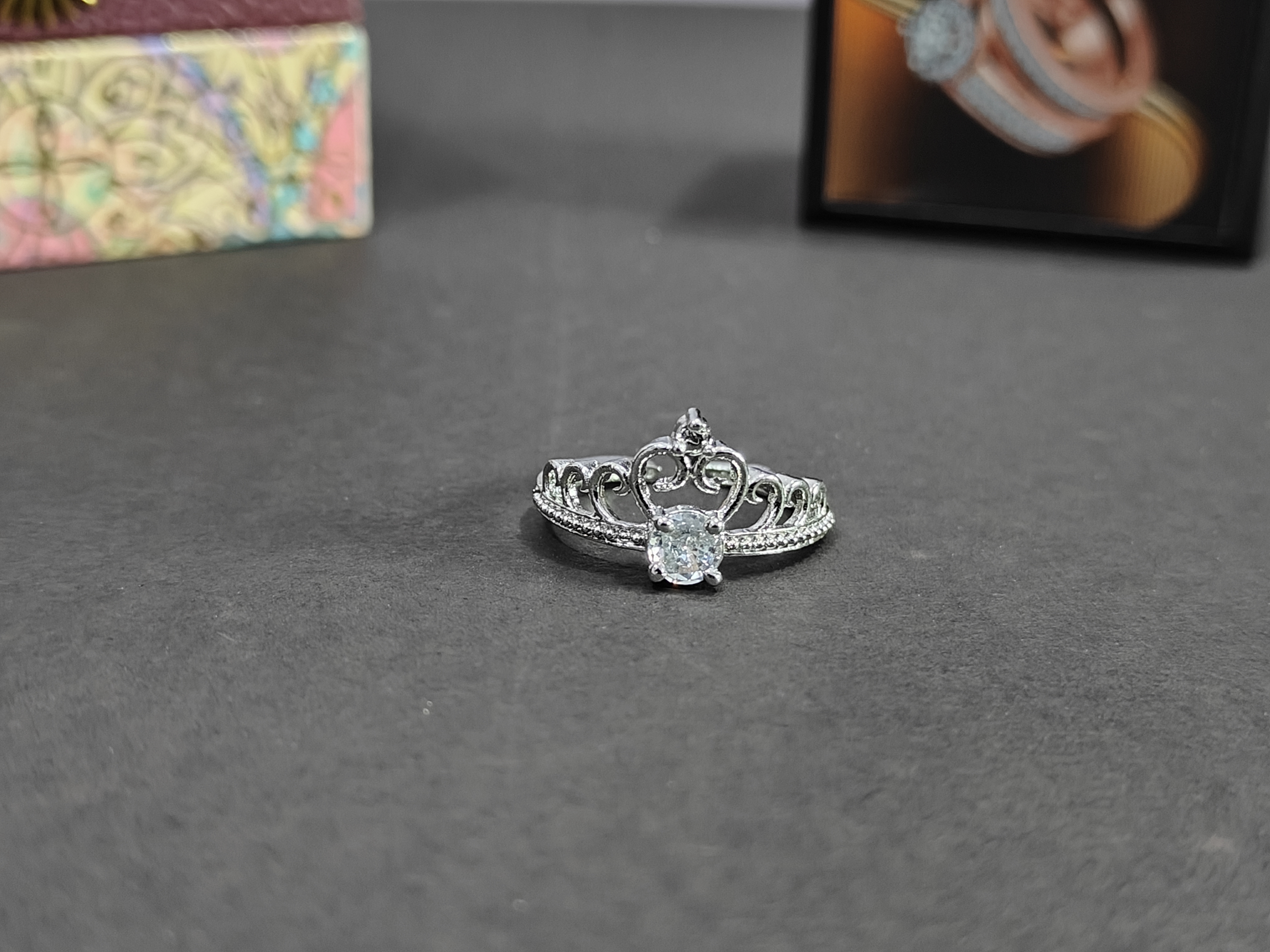 Shiny Silver Crown Tiara Ring with American Diamonds | Gift for Girls (1045)