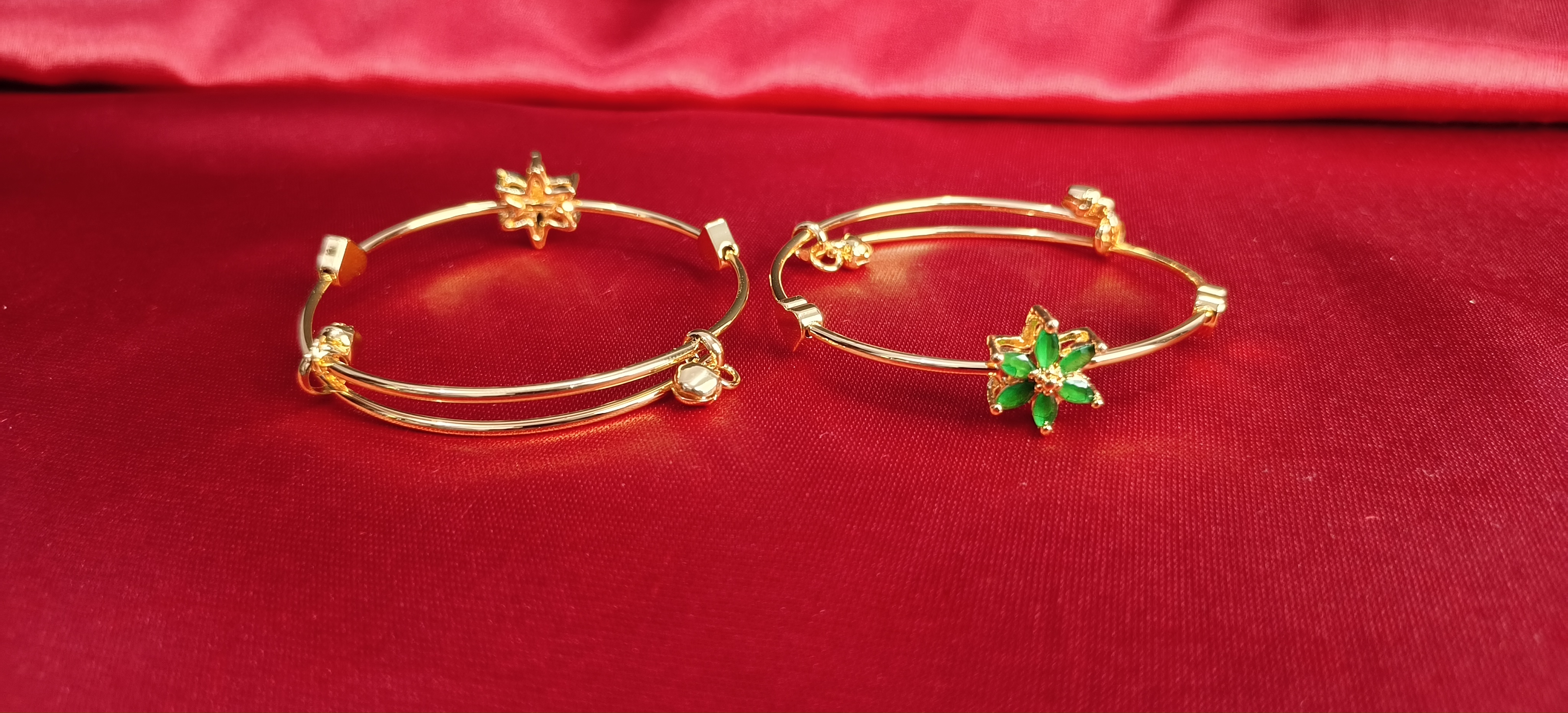 Pair of Gold Plated Adjustable Flower Bracelet for Women | Green Stone Kada | Party & Festive Wear (1055)