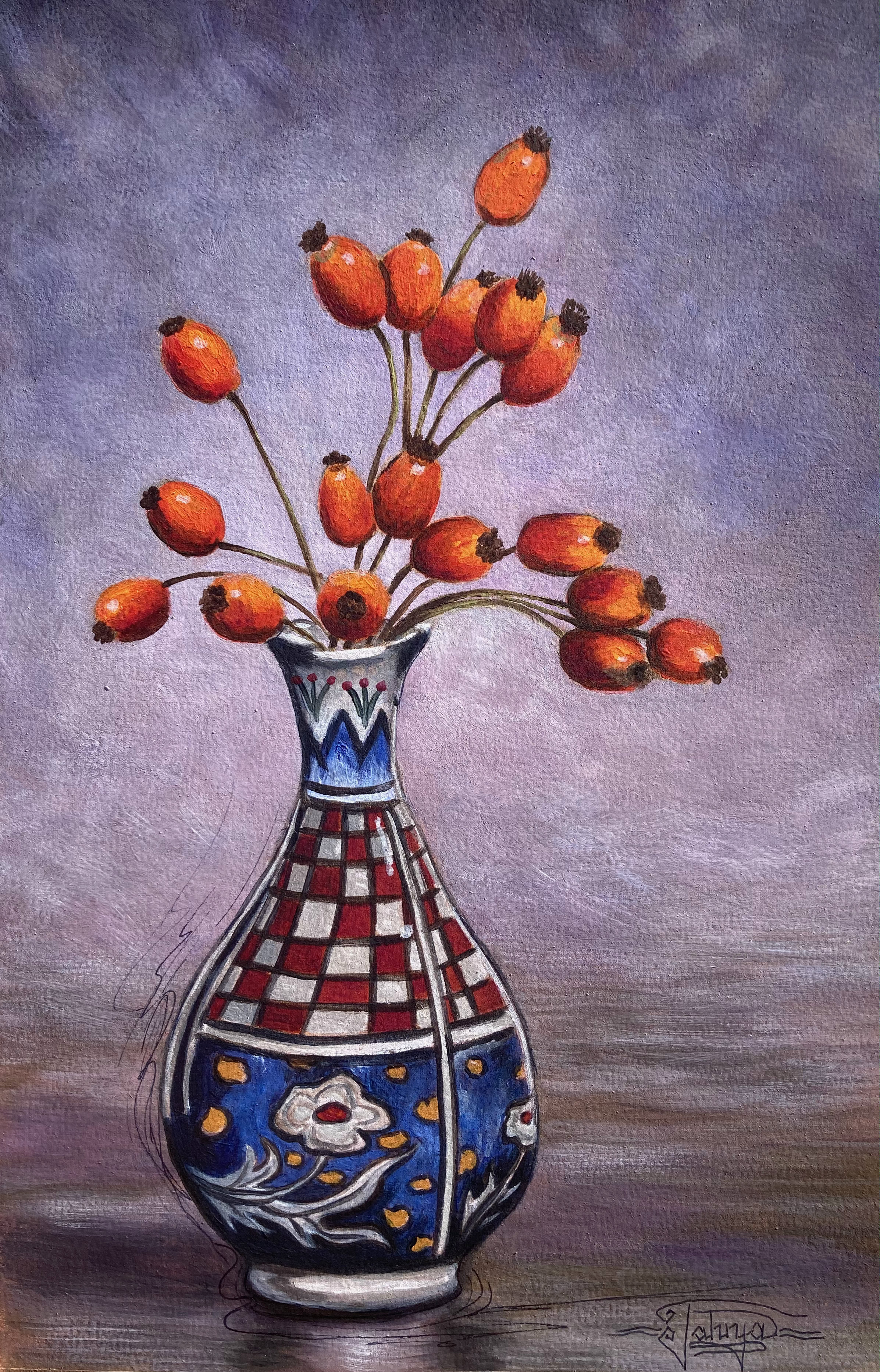 Mixed Media Still Life of Rose Hips