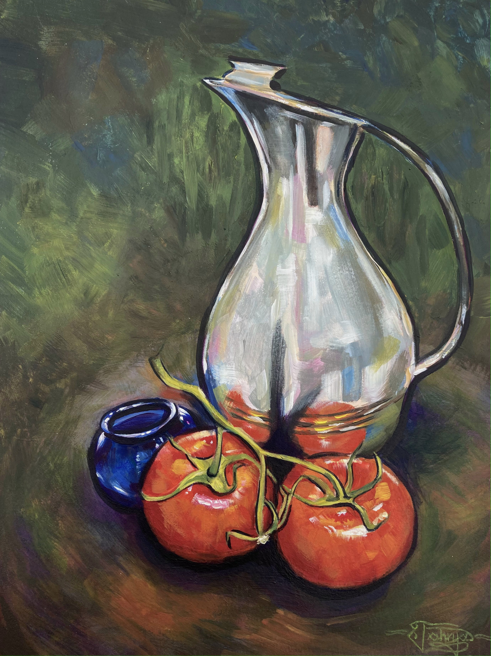 Acrylic Still Life Painting on Paper of Silver Pitcher & Tomatoes