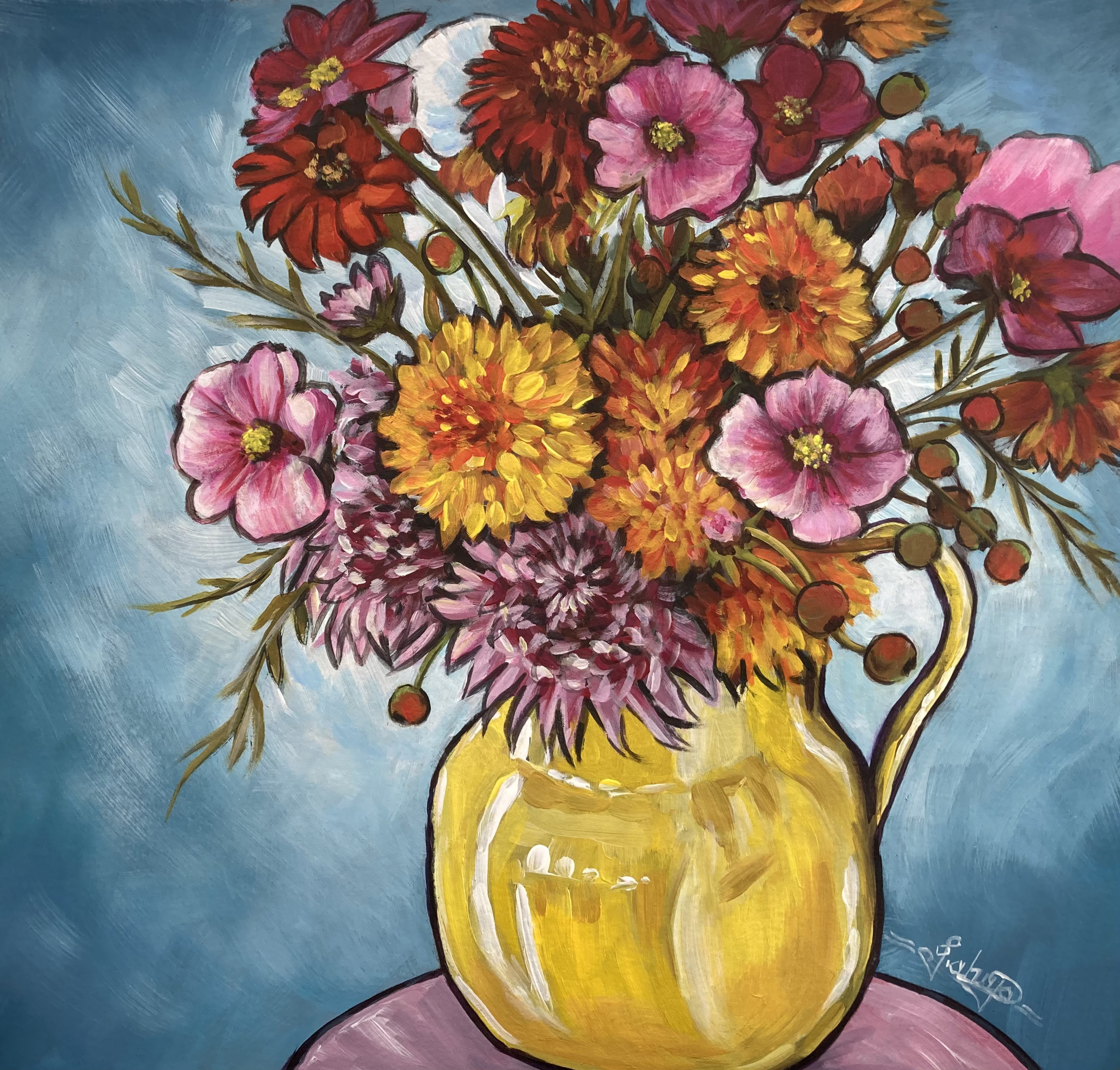 Acrylic Still Life Painting on Paper of Bouquet of Flowers