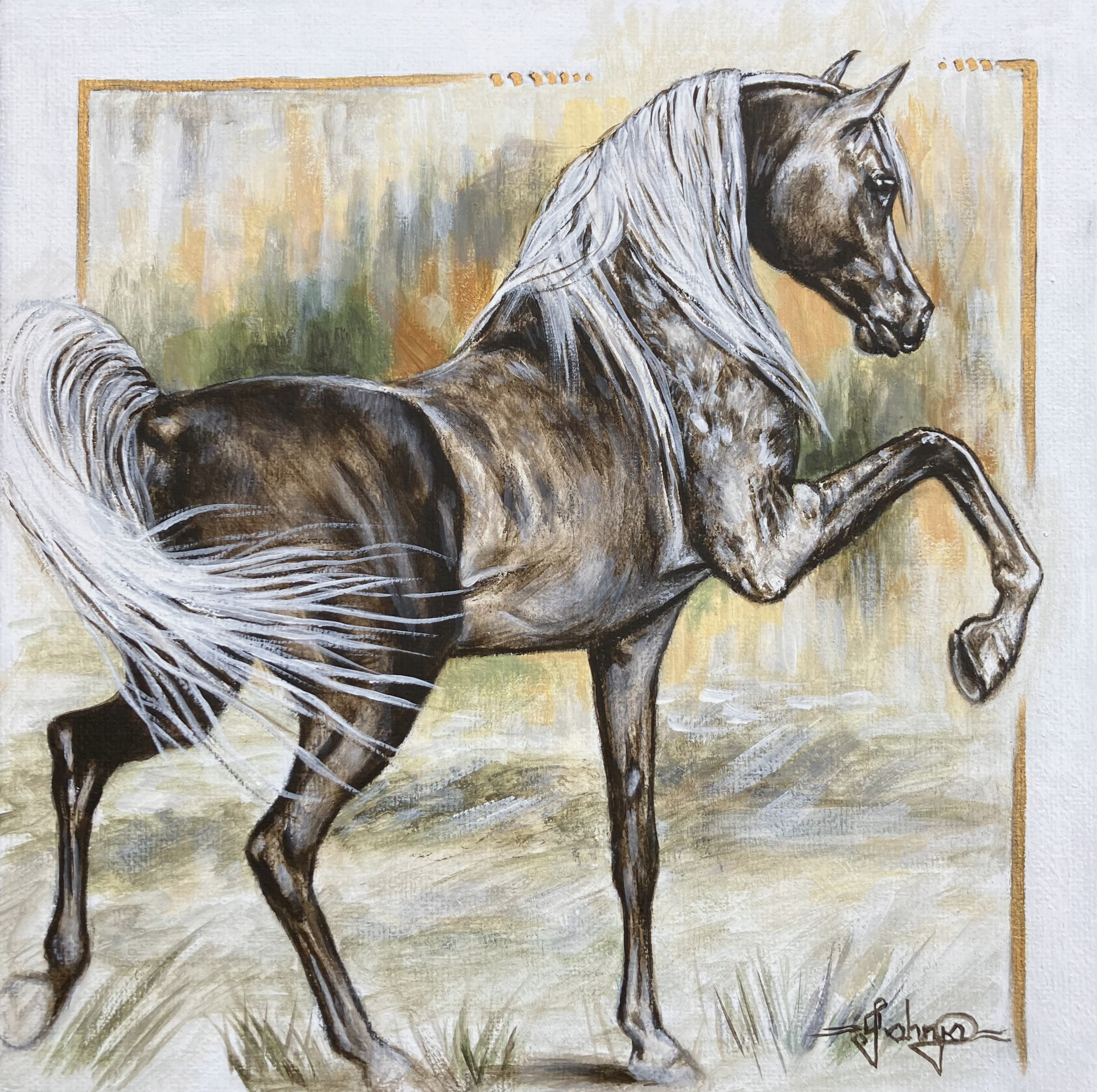 Limited Palette Acrylic Painting on Canvas Panel Board of Arabian Stallion