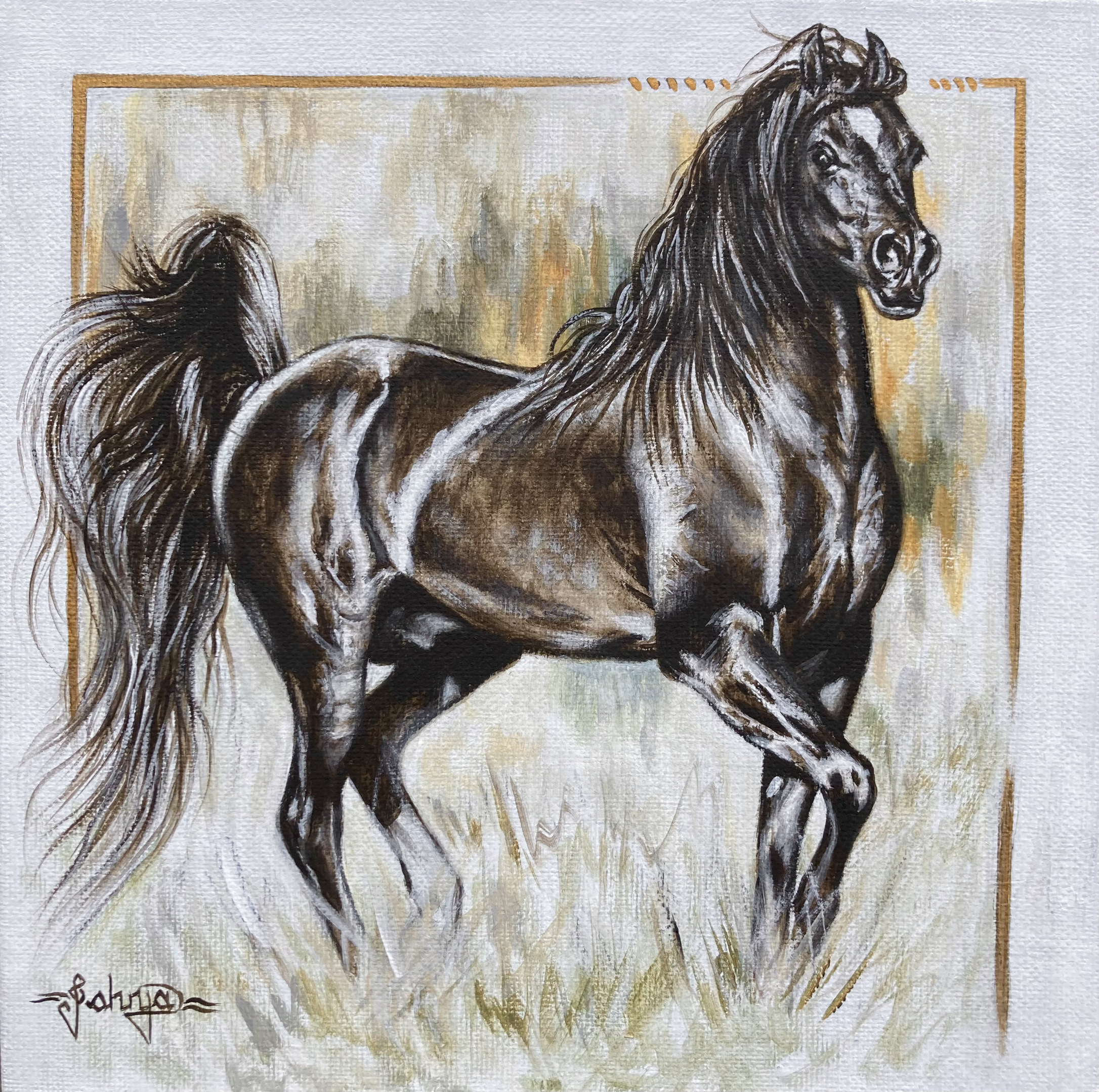 Limited Palette Acrylic Painting on Canvas Panel of Bay Arabian Stallion
