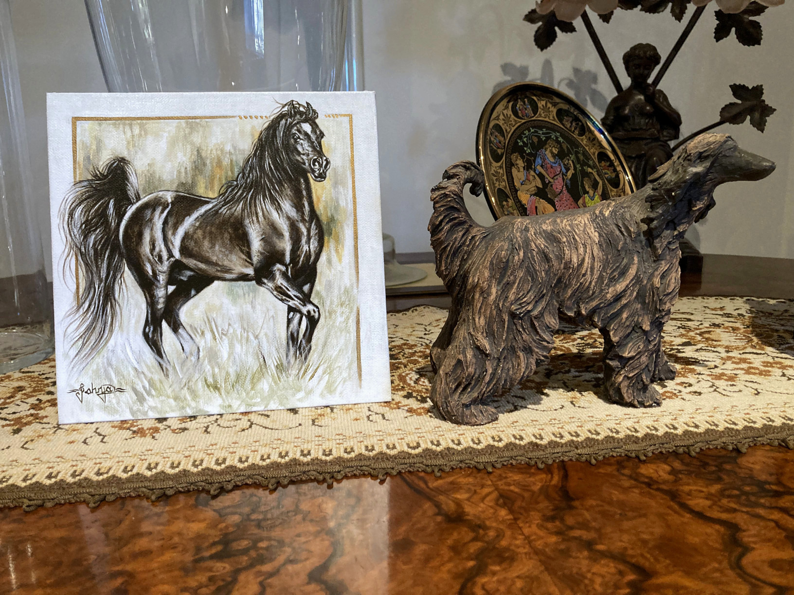 Limited Palette Acrylic Painting on Canvas Panel of Bay Arabian Stallion