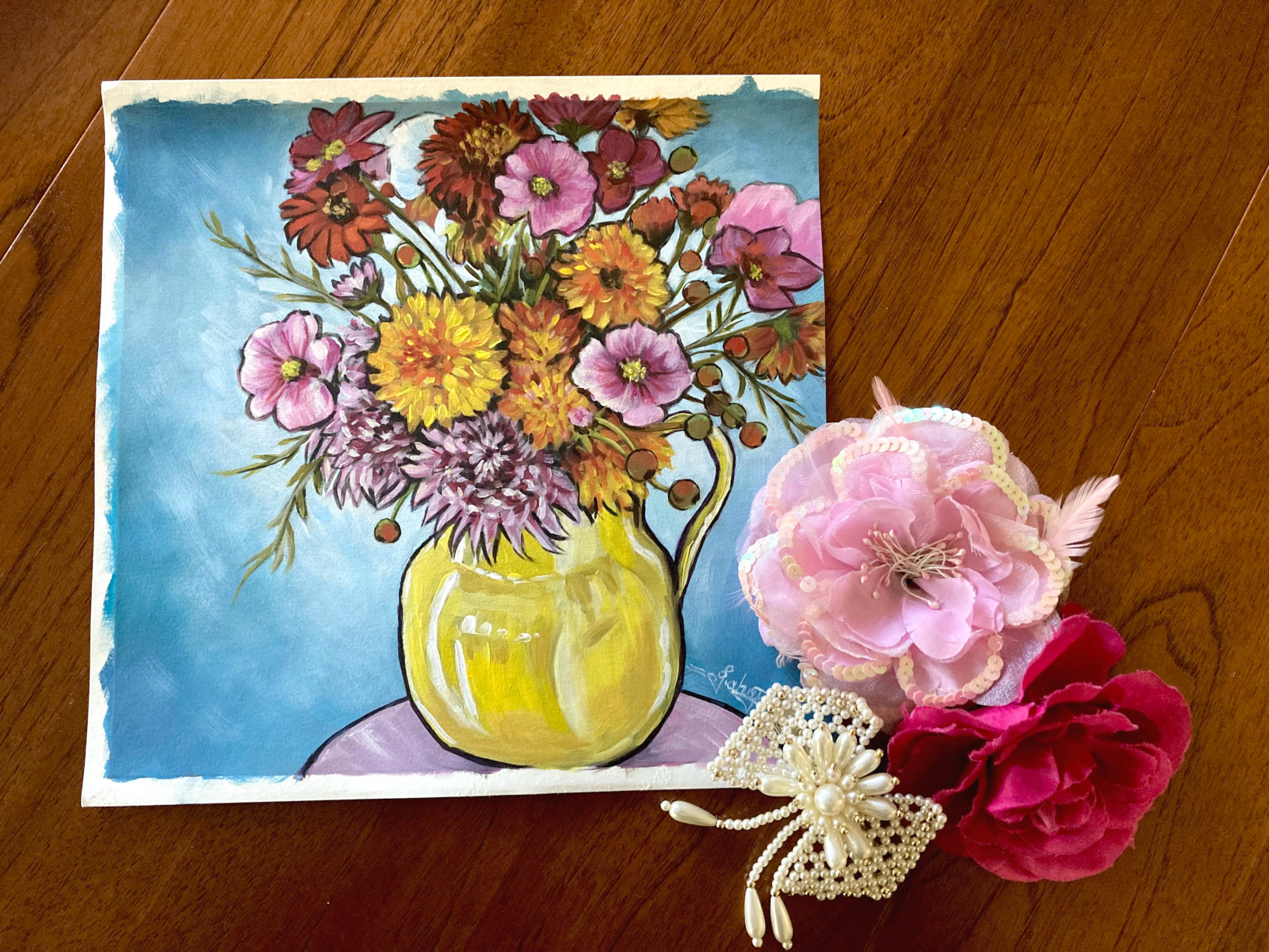 Acrylic Still Life Painting on Paper of Bouquet of Flowers