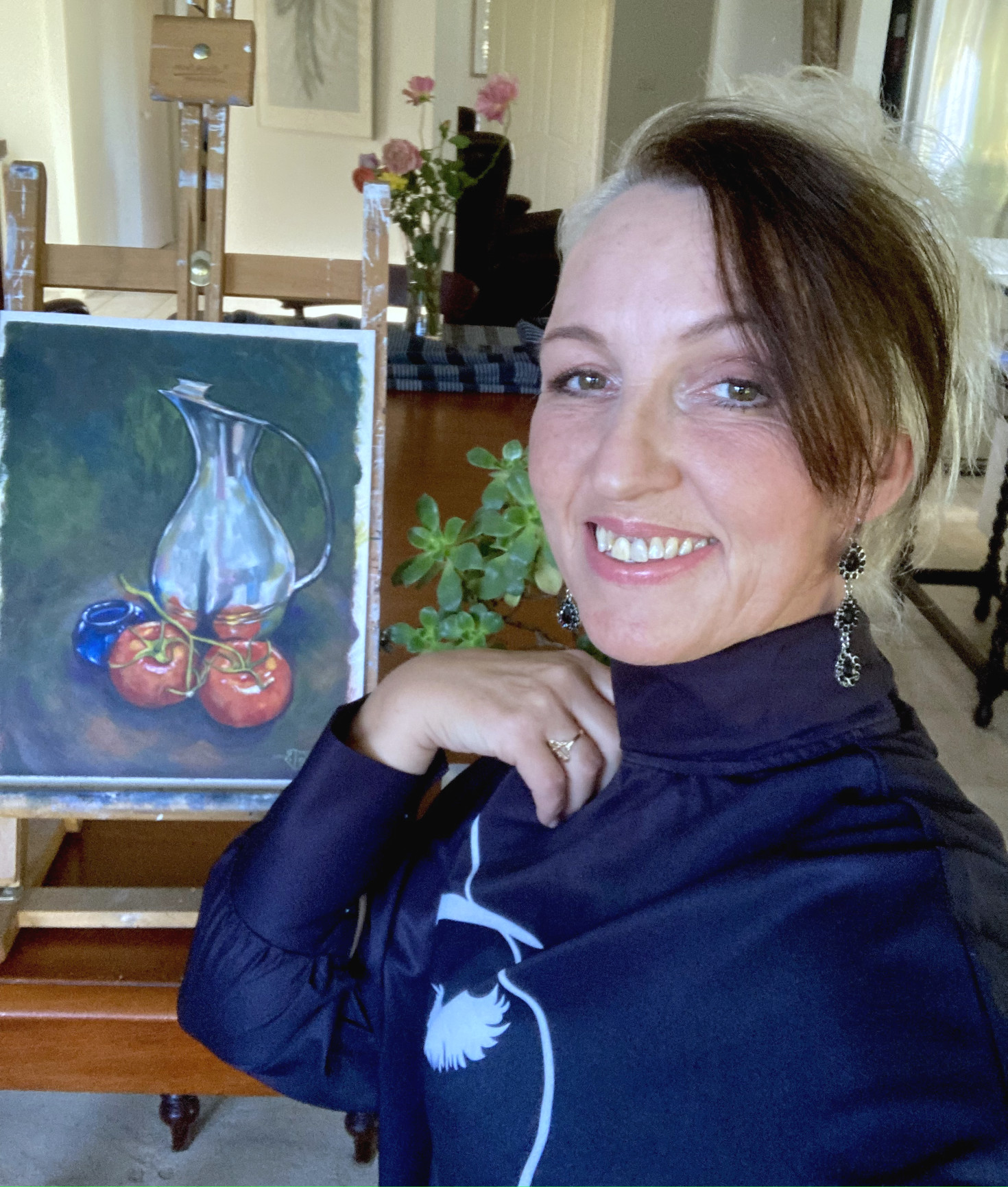 Acrylic Still Life Painting on Paper of Silver Pitcher & Tomatoes