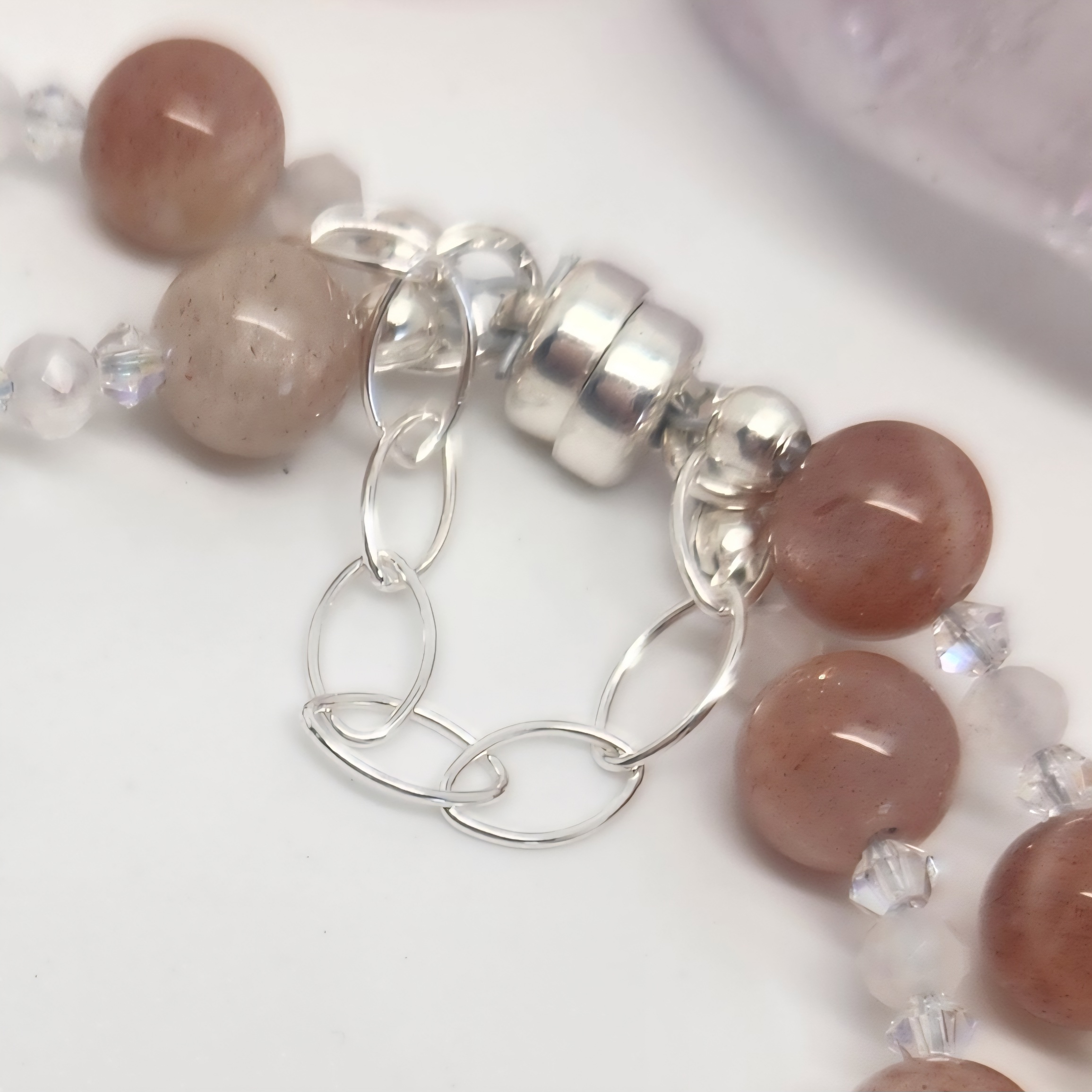 Peach Moonstone and Swarovski Crystal Beaded Bracelet