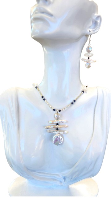 Stick Pearl and Sapphire Jewelry Set