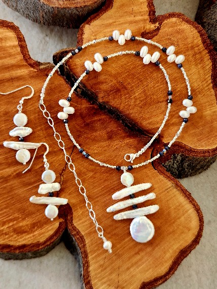 Stick Pearl and Sapphire Jewelry Set