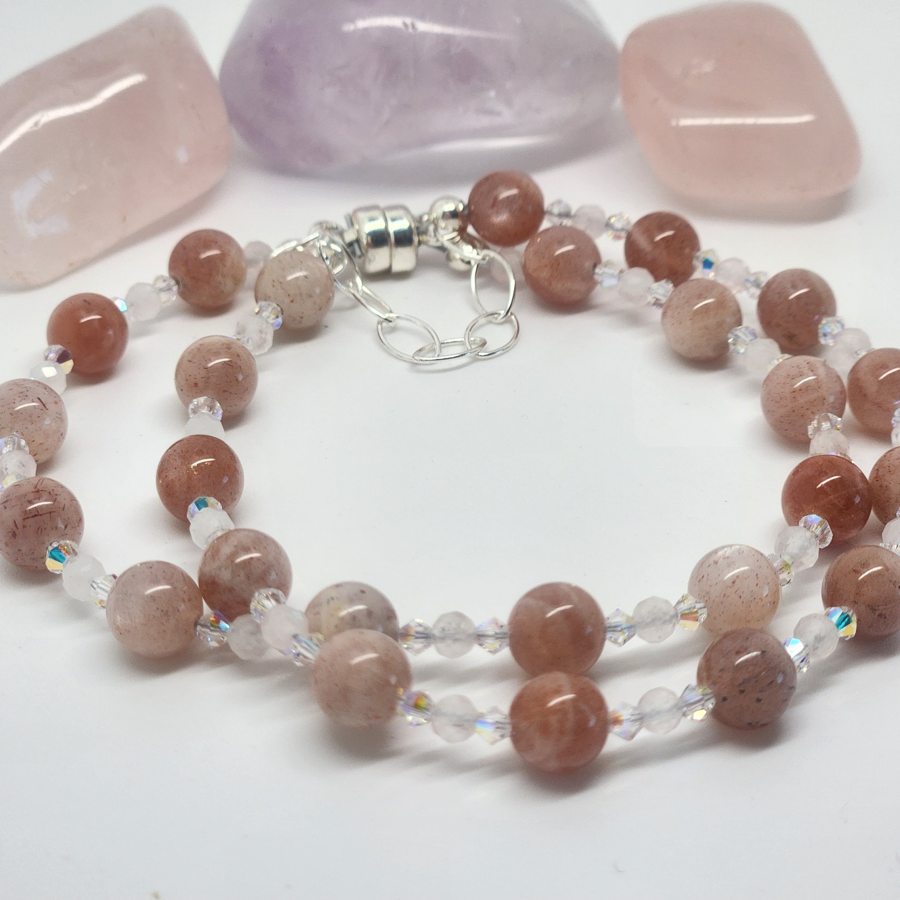 Peach Moonstone and Swarovski Crystal Beaded Bracelet