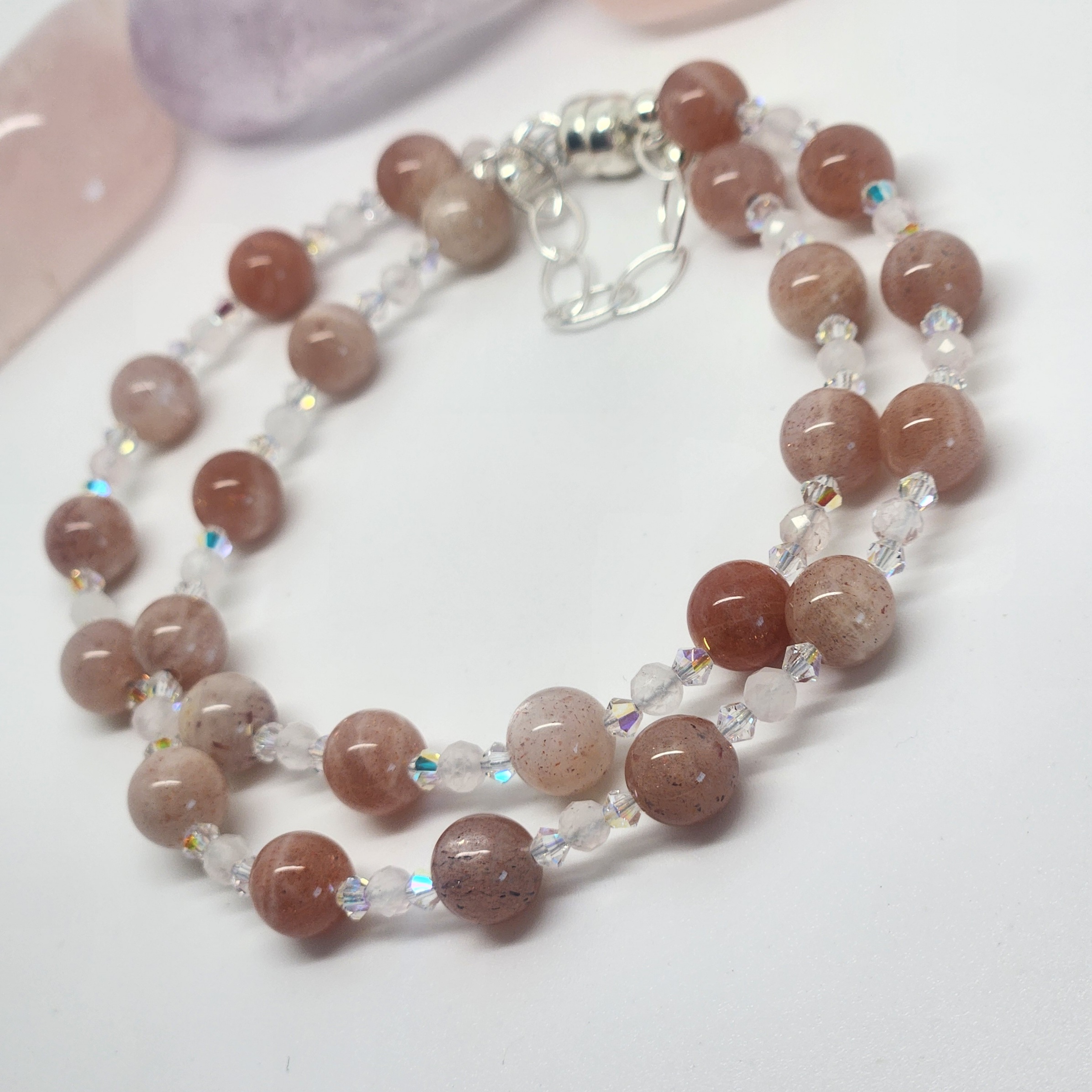 Peach Moonstone and Swarovski Crystal Beaded Bracelet