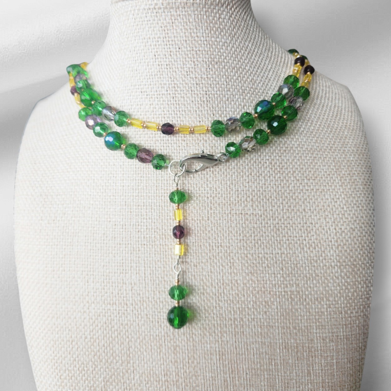 The "Long and Short" Mardi Gras Green Beaded Necklace