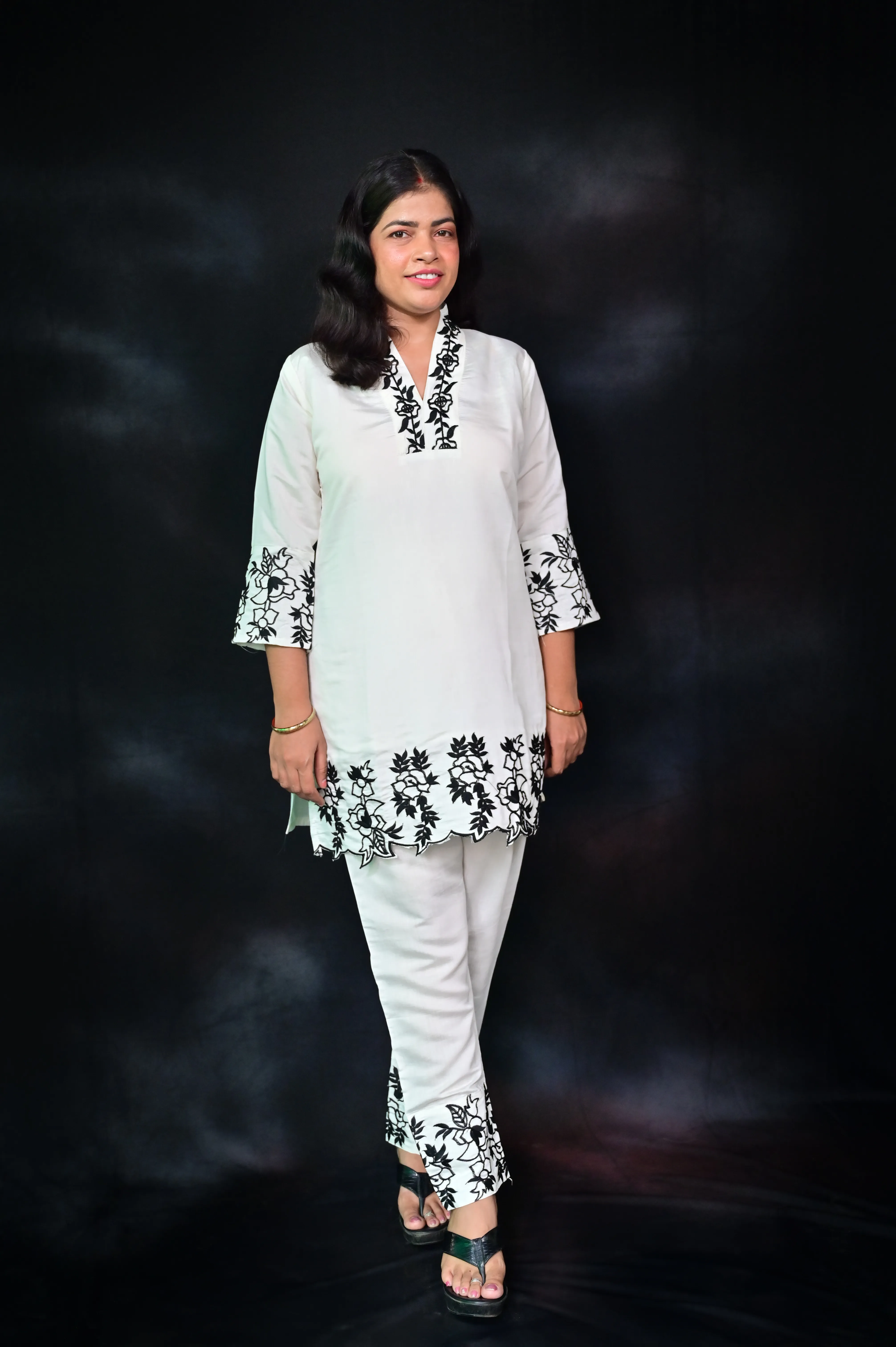 Classic White and Black Embroidered Co-Ord Set