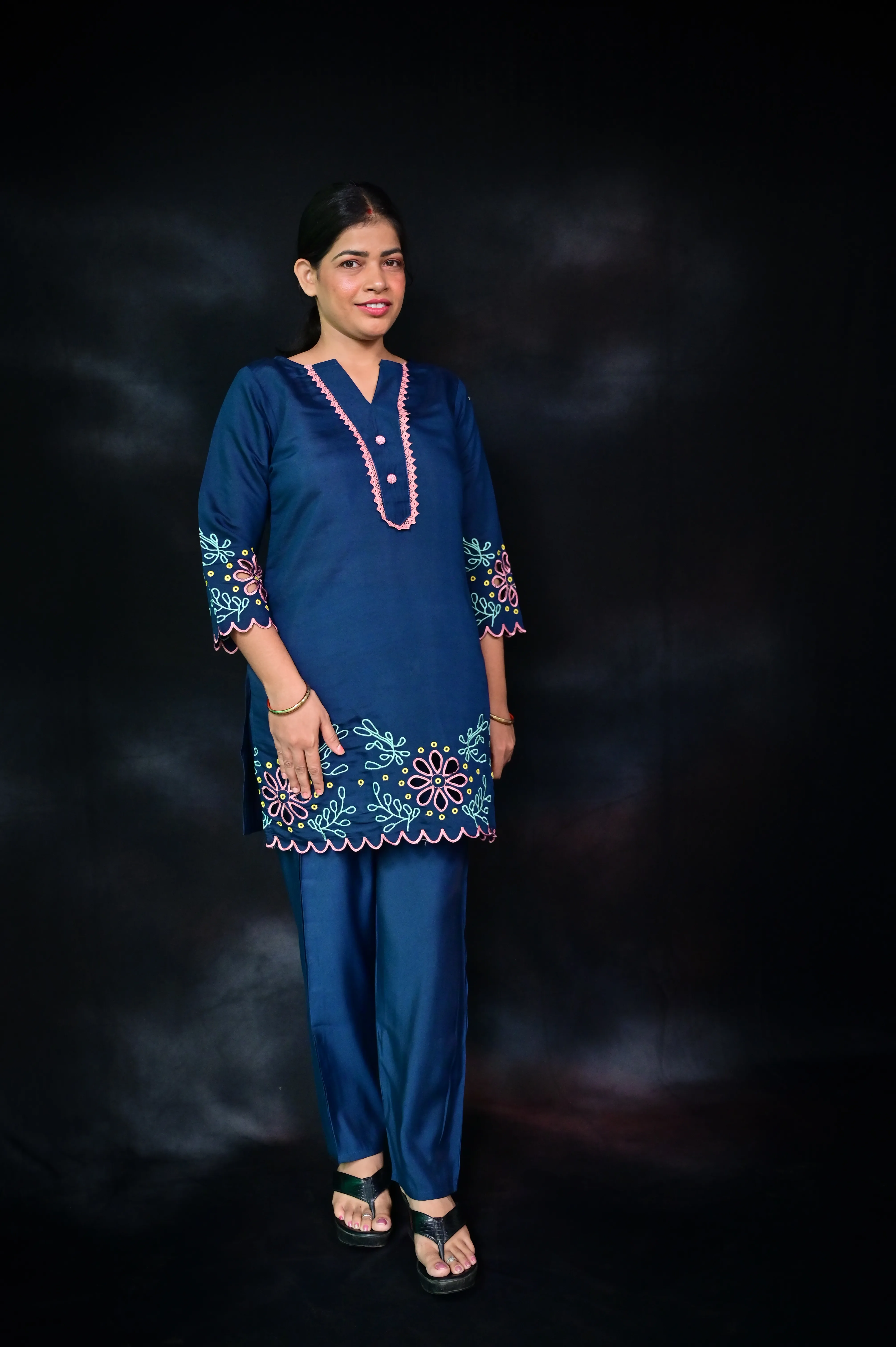 Navy Blue Cotton Floral Embroidered Co-Ord Set