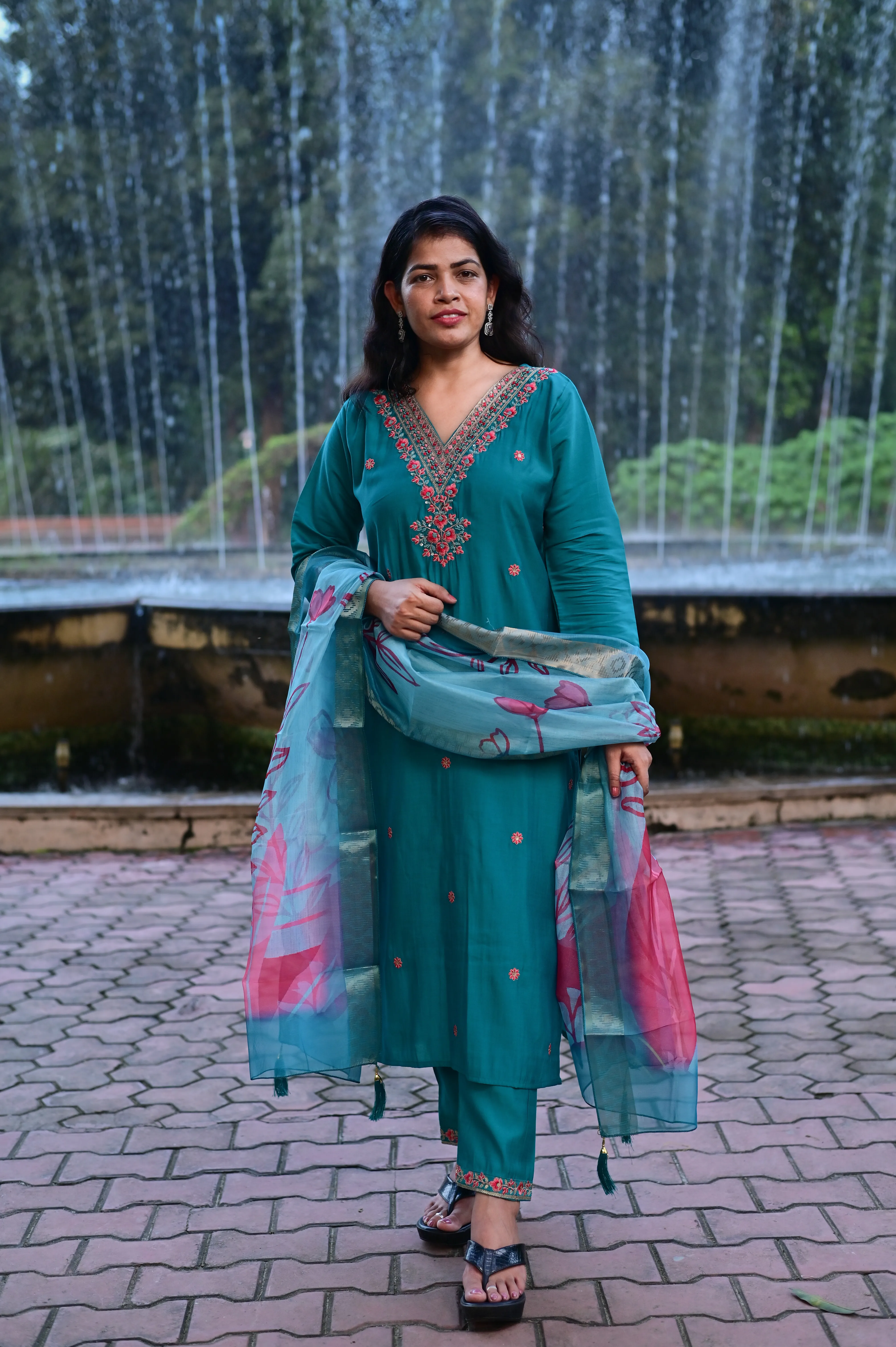 Teal green roman silk 3-piece suit 