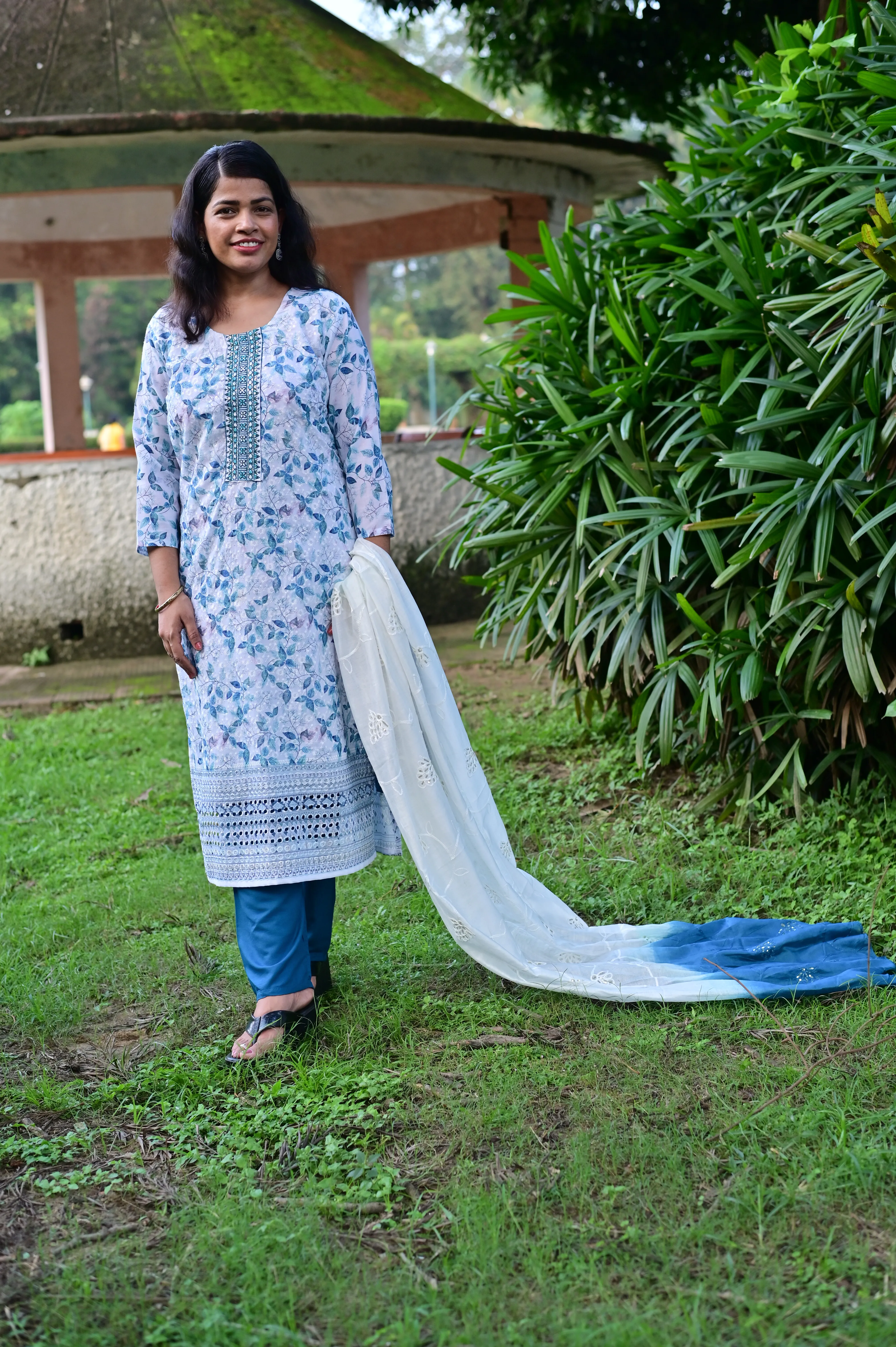 Floral blue cotton chikankari 3-piece suit with ombre dupatta