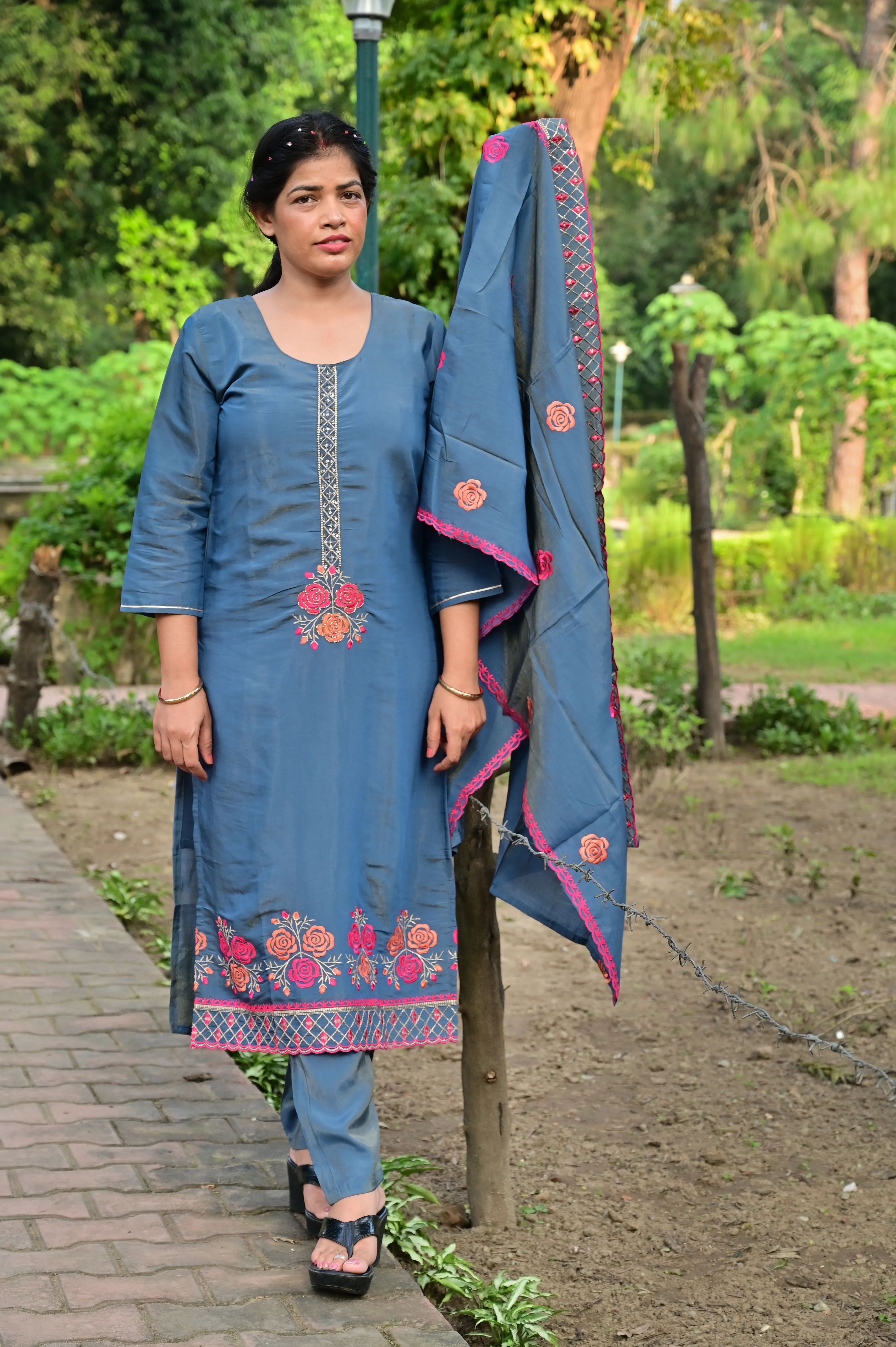Steel Blue Chanderi Silk Kurta Pant