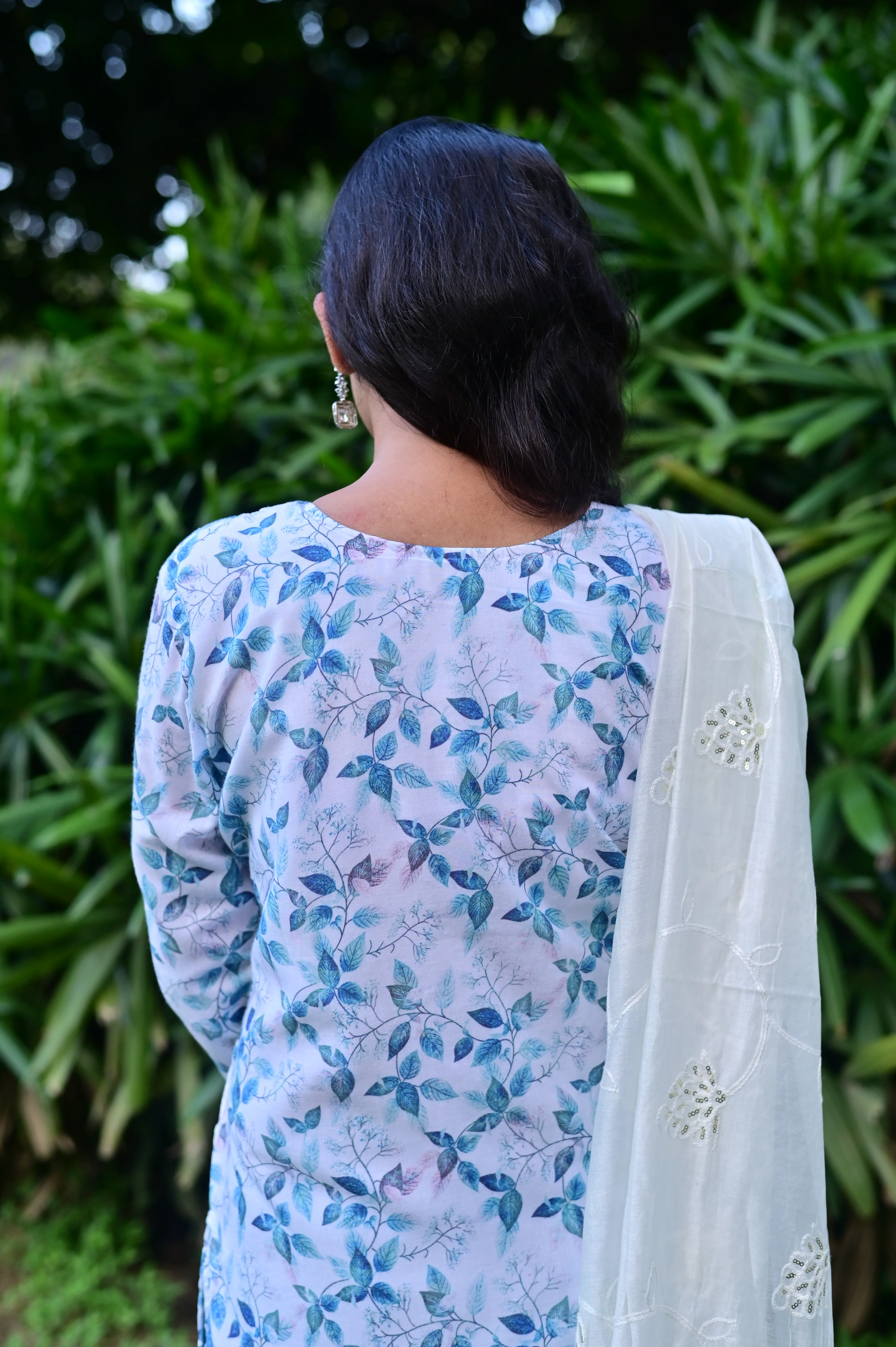 Floral blue cotton chikankari 3-piece suit with ombre dupatta