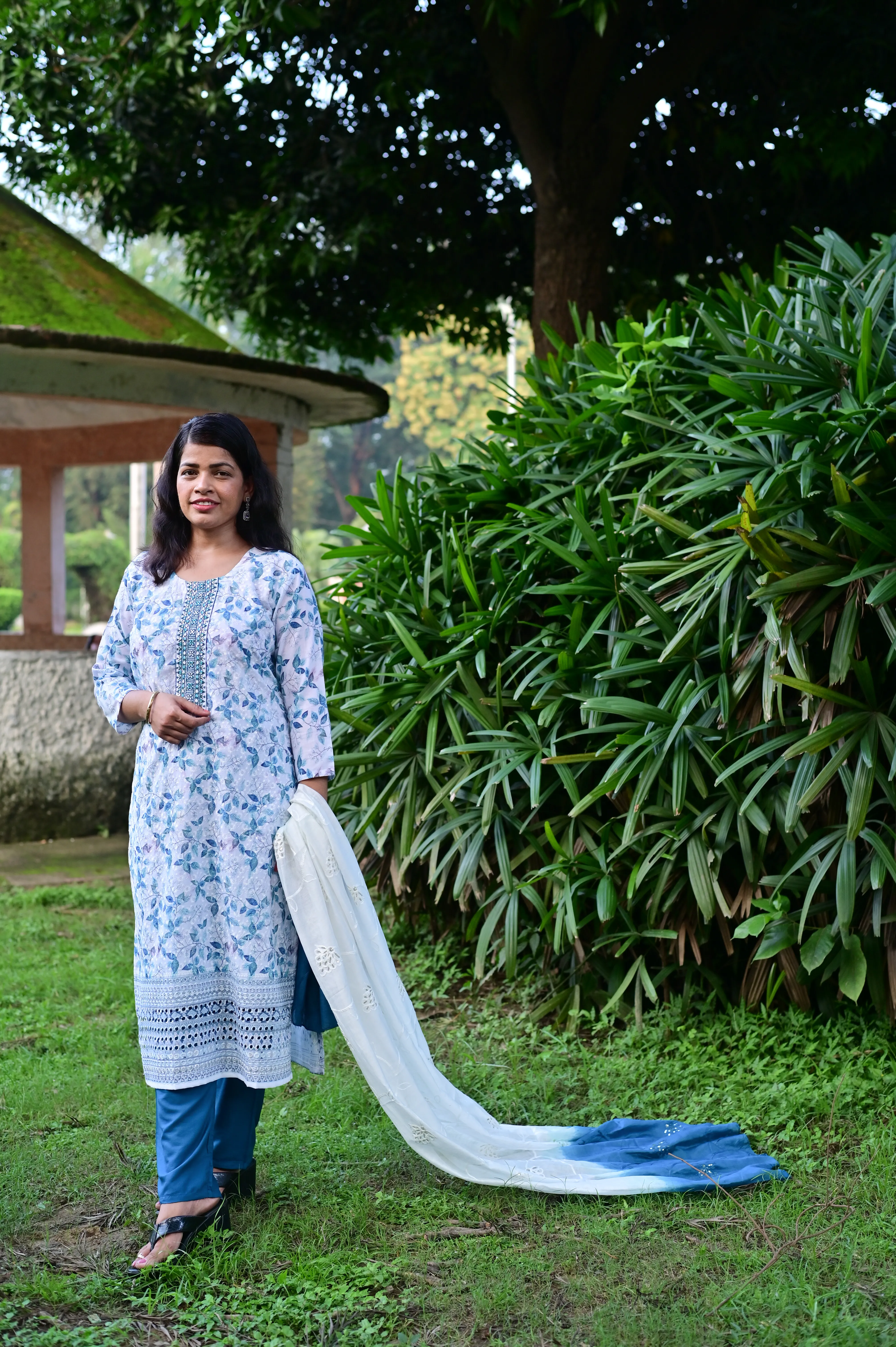 Floral blue cotton chikankari 3-piece suit with ombre dupatta