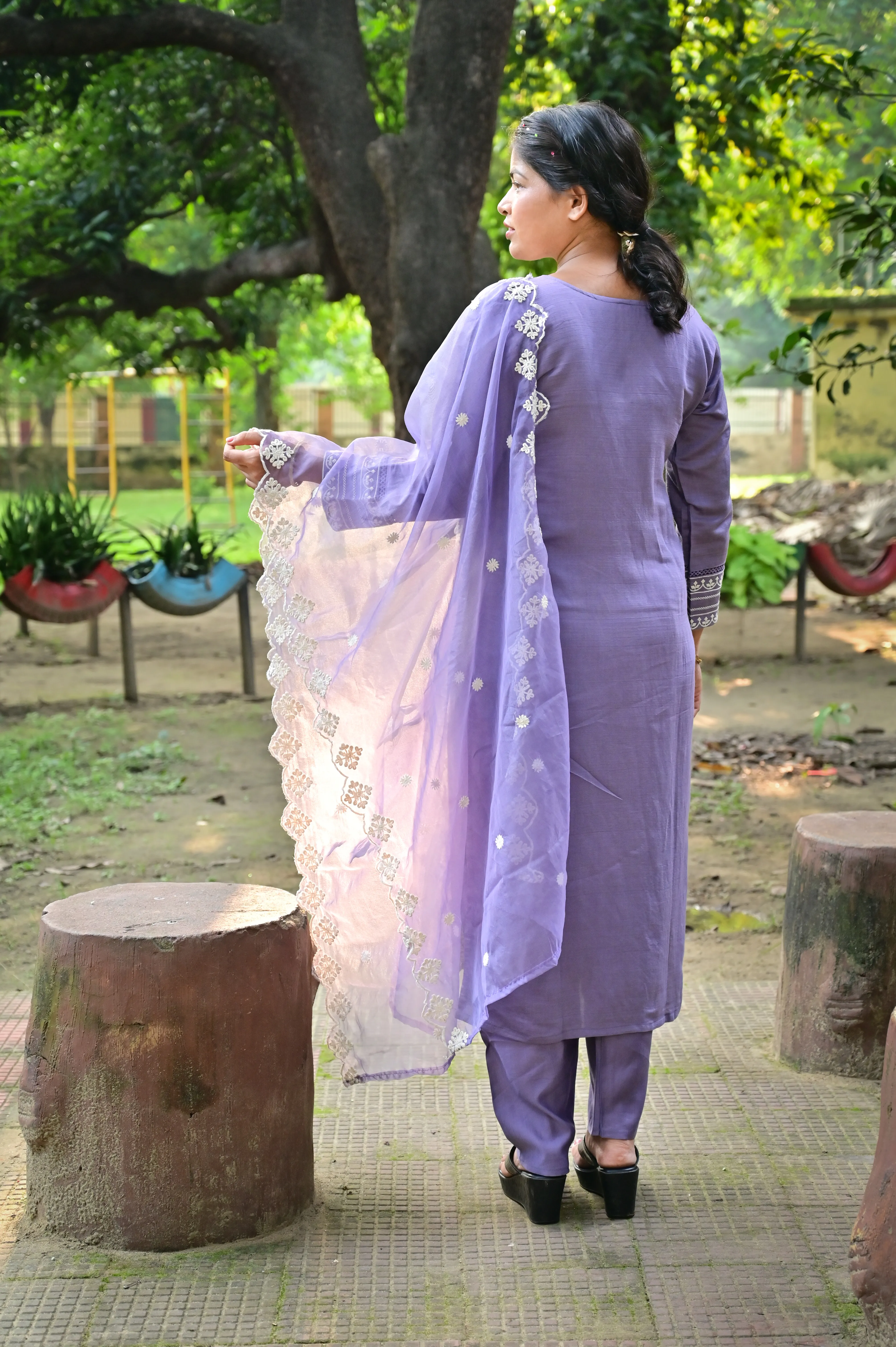 Elegant coral pink kurta pant set with embroidered details