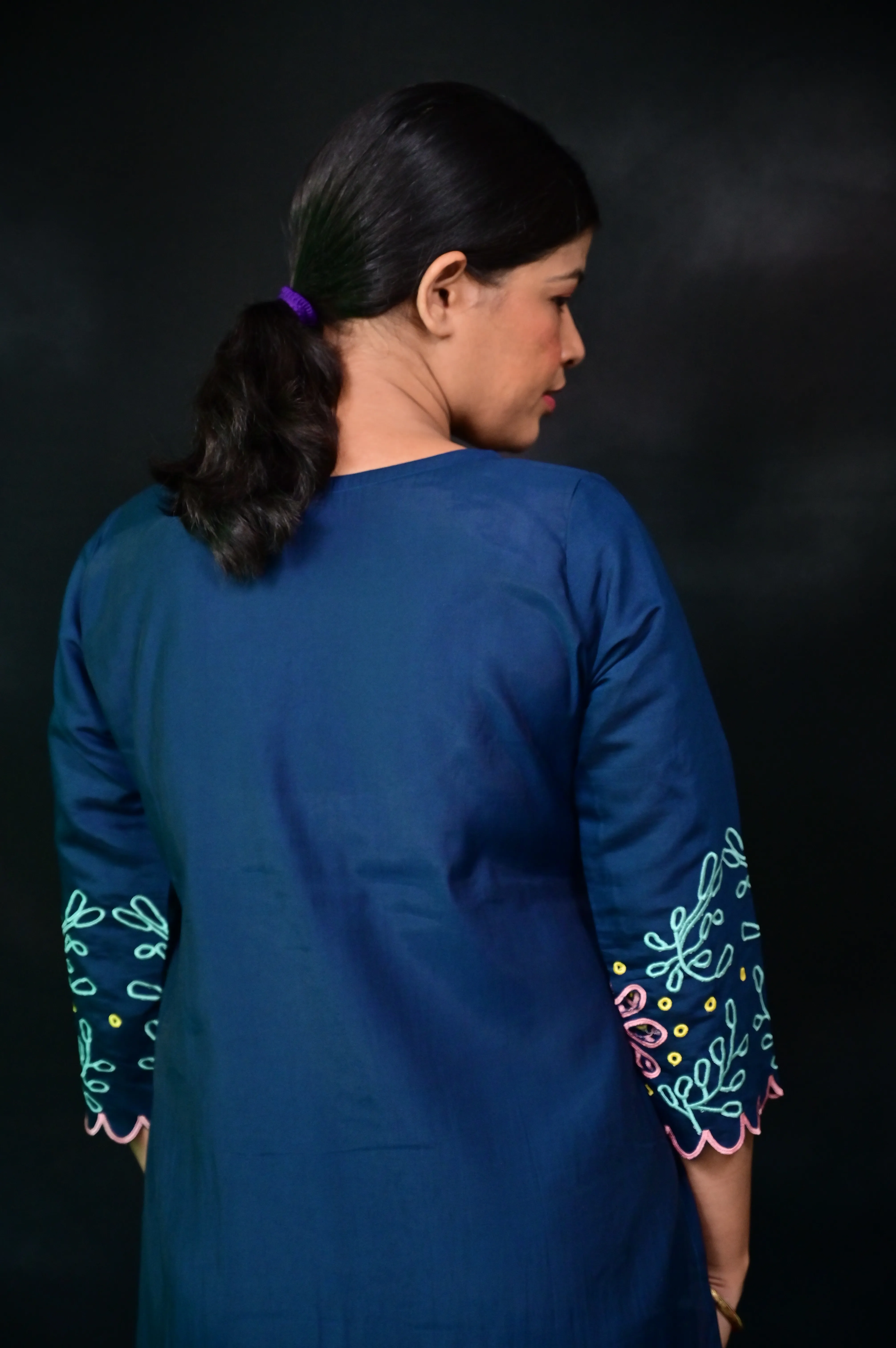 Navy Blue Cotton Floral Embroidered Co-Ord Set