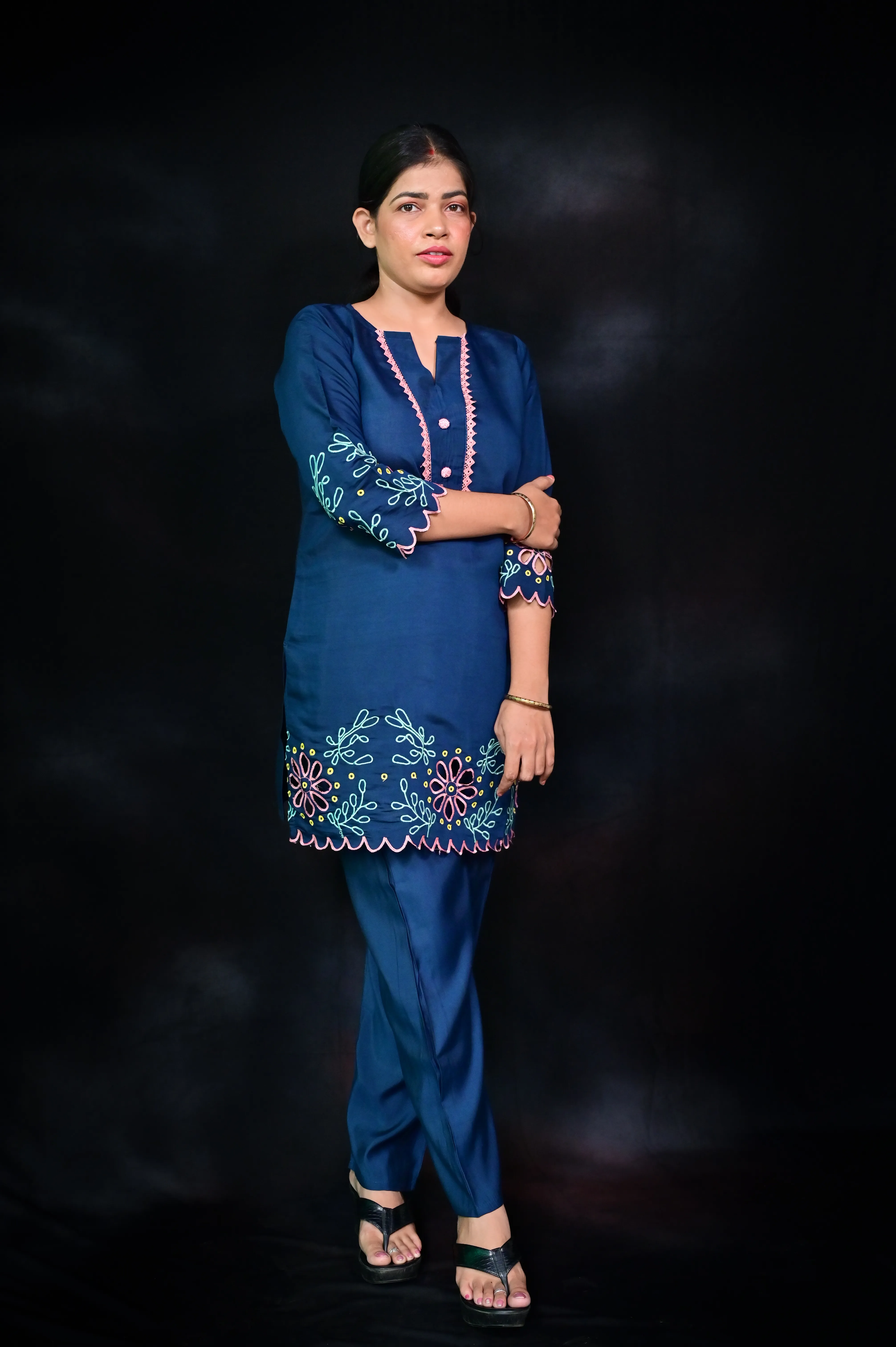 Navy Blue Cotton Floral Embroidered Co-Ord Set