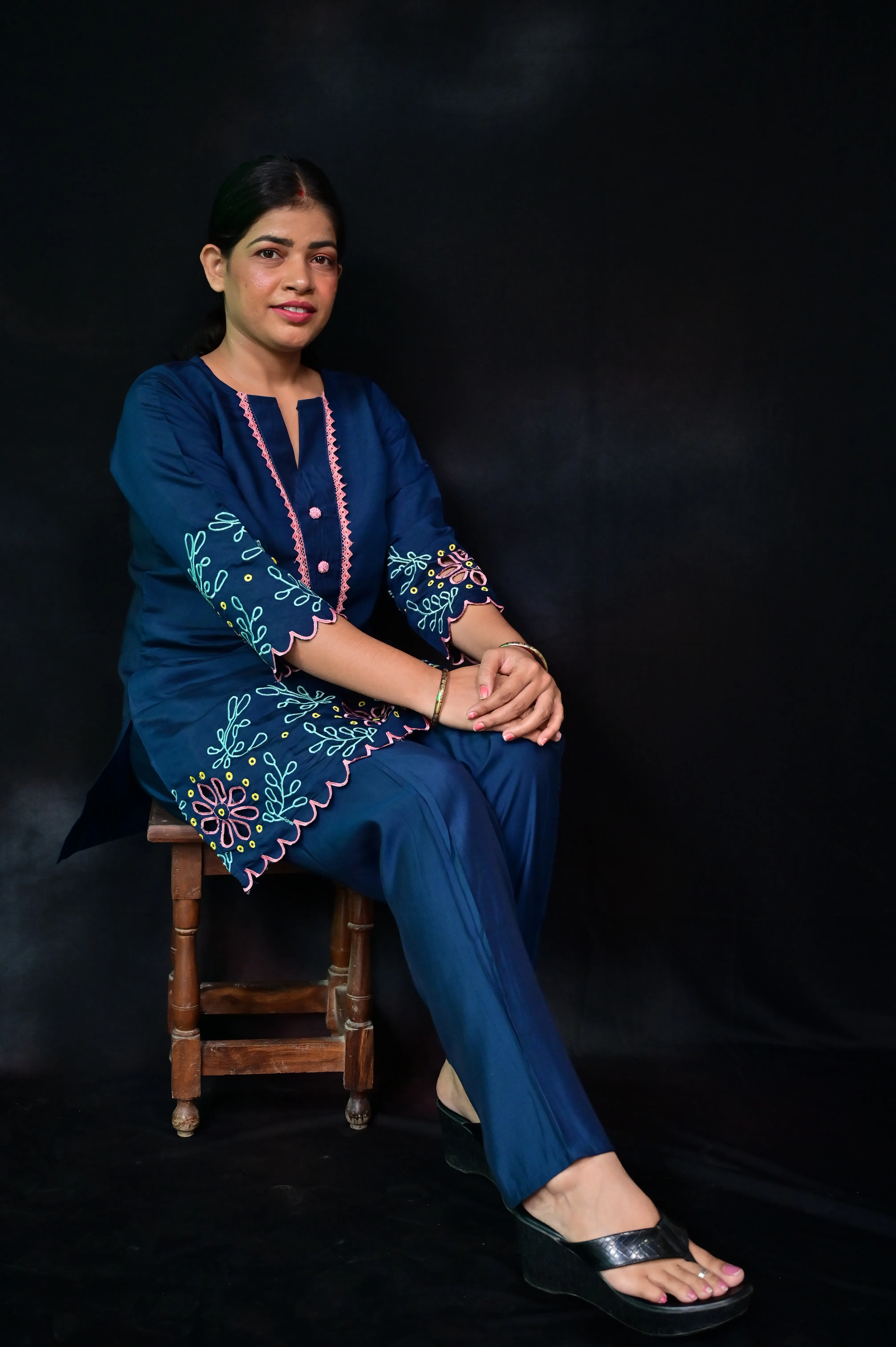 Navy Blue Cotton Floral Embroidered Co-Ord Set