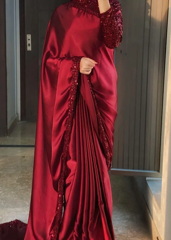 ساري نسائي جاهز - عنابي فخم للمناسبات (3 قطع)