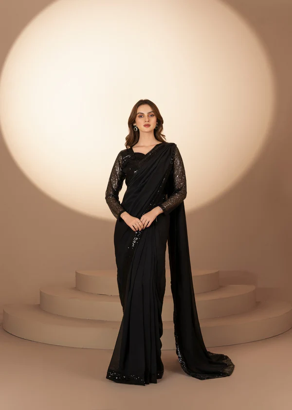 ساري نسائي جاهز - أسود لامع للمناسبات (3 قطع)