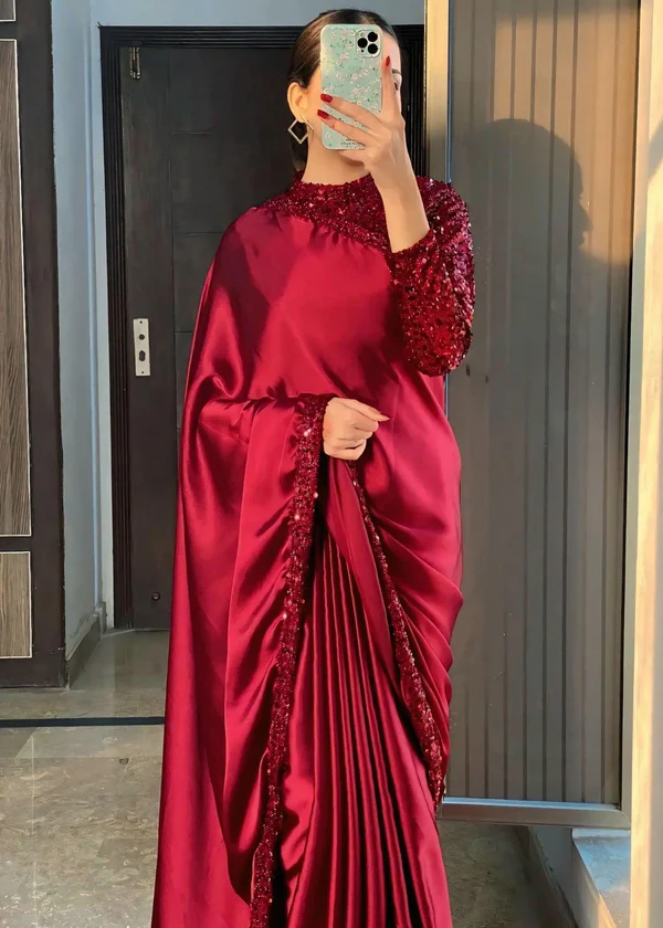 ساري نسائي جاهز - عنابي فخم للمناسبات (3 قطع)