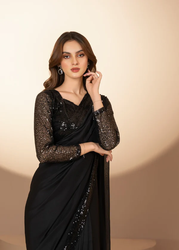 ساري نسائي جاهز - أسود لامع للمناسبات (3 قطع)