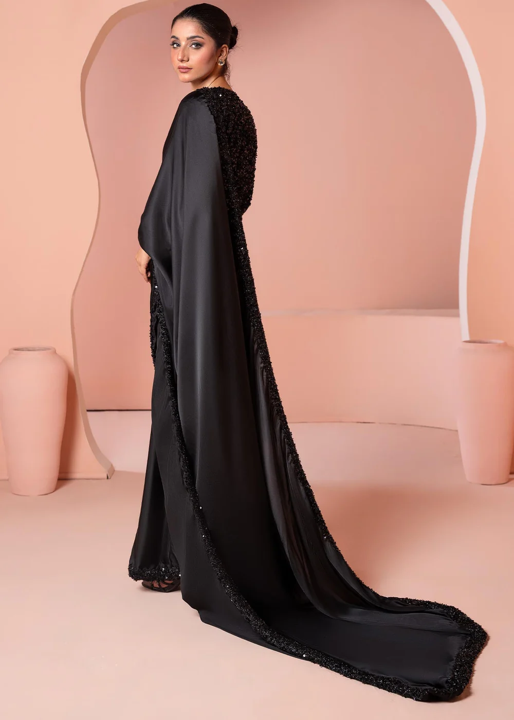 ساري نسائي جاهز - أسود أنيق للمناسبات (3 قطع)