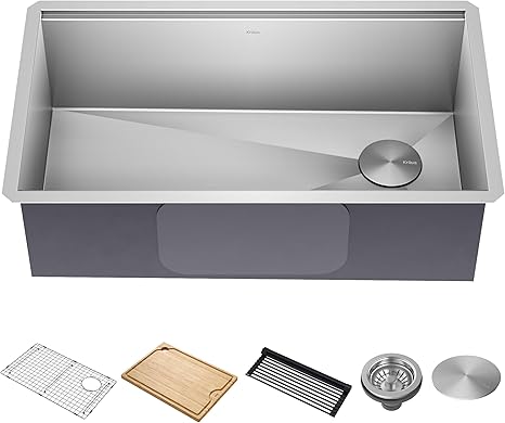Kore Workstation 32-inch Undermount 16 Gauge Stainless Steel Kitchen Sink, Single Bowl Kitchen Sink with Accessories, KWU110-32