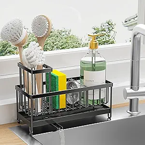 Black Sponge Holder for Kitchen Sink, Sink Caddy Organizer with High Brush Holder, Kitchen Countertop Organizers and Storage Essentials, Rustproof 304 Stainless Steel, Soap Dispenser Organize