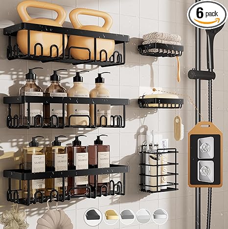 Stainless Steel Shower Caddy 6-Pack, No Drilling & Rustproof, Waterproof Adhesive Shelves Rack with Soap Holder, Large Capacity Bathroom Organizers and Storage, Wall-Mounted Kitchen & Home Décor