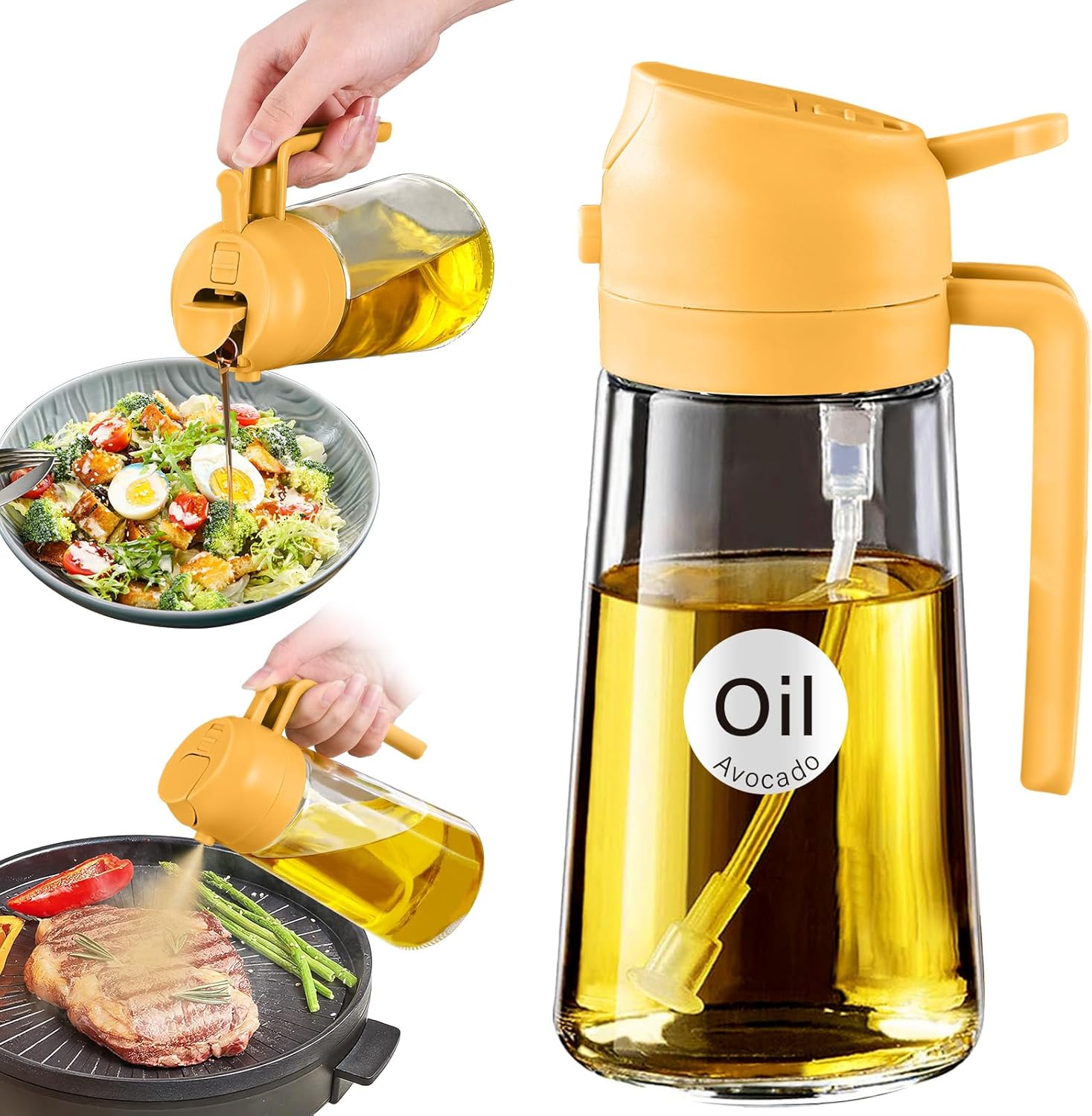 TrendPlain 16oz/470ml Glass Olive Oil Sprayer for Cooking - 2 in 1 Olive Oil Dispenser for Kitchen Gadgets, Air Fryer, Salad, and BBQ - Black
