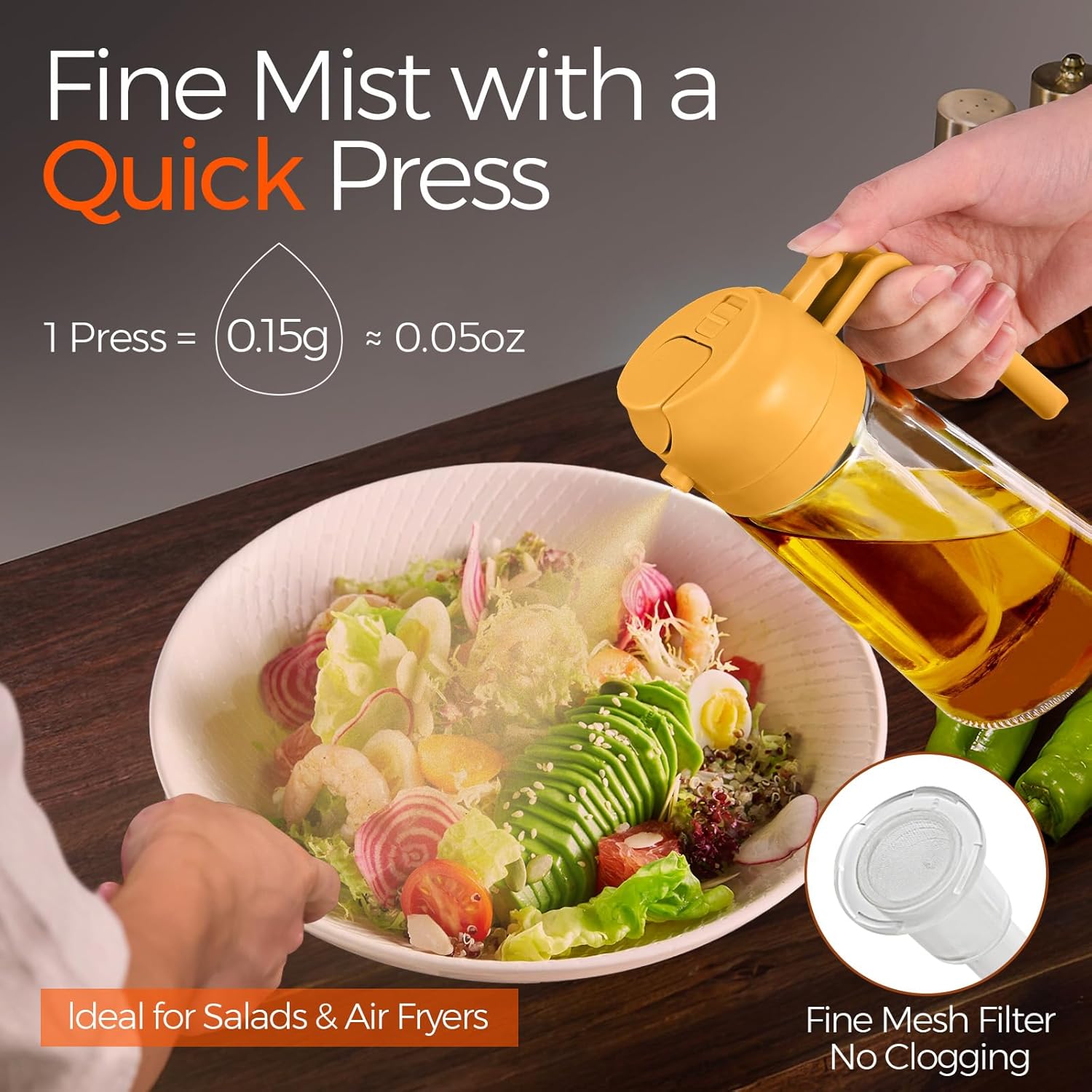 TrendPlain 16oz/470ml Glass Olive Oil Sprayer for Cooking - 2 in 1 Olive Oil Dispenser for Kitchen Gadgets, Air Fryer, Salad, and BBQ - Black