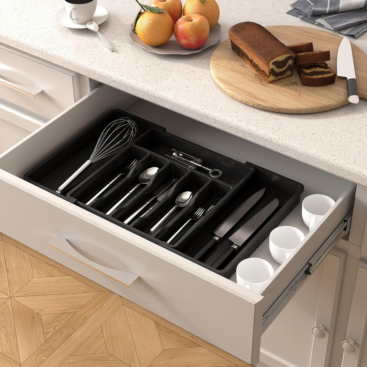 Large Silverware Drawer Organizer, Expandable Utensil Tray for Kitchen, BPA Free Flatware and Cutlery Holder, Adjustable Plastic Storage for Spoons Forks Knives