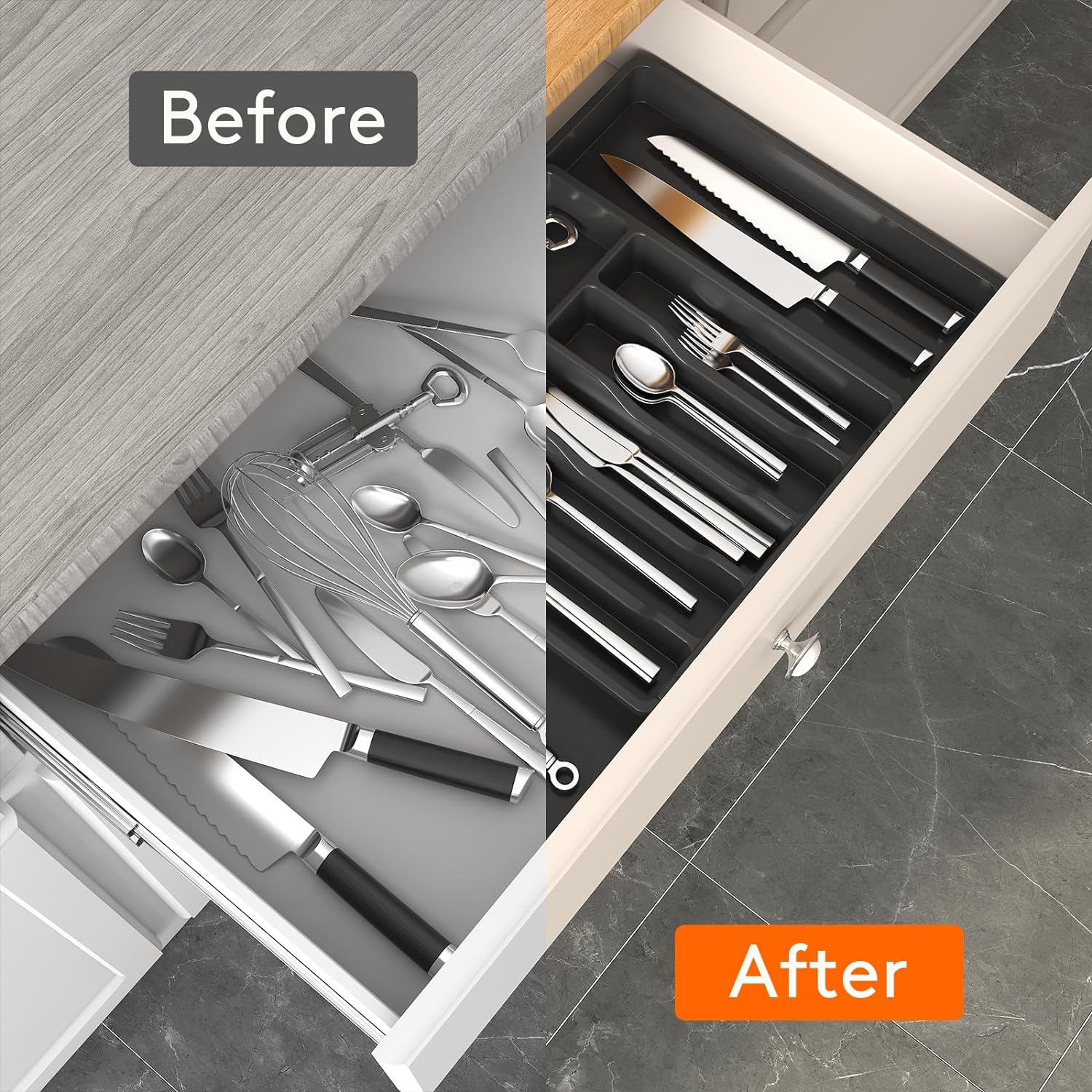 Large Silverware Drawer Organizer, Expandable Utensil Tray for Kitchen, BPA Free Flatware and Cutlery Holder, Adjustable Plastic Storage for Spoons Forks Knives