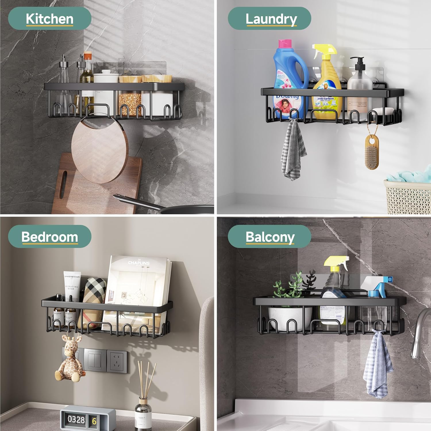 Stainless Steel Shower Caddy 6-Pack, No Drilling & Rustproof, Waterproof Adhesive Shelves Rack with Soap Holder, Large Capacity Bathroom Organizers and Storage, Wall-Mounted Kitchen & Home Décor