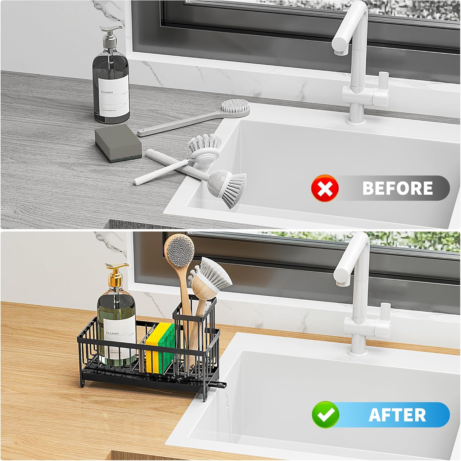 Black Sponge Holder for Kitchen Sink, Sink Caddy Organizer with High Brush Holder, Kitchen Countertop Organizer