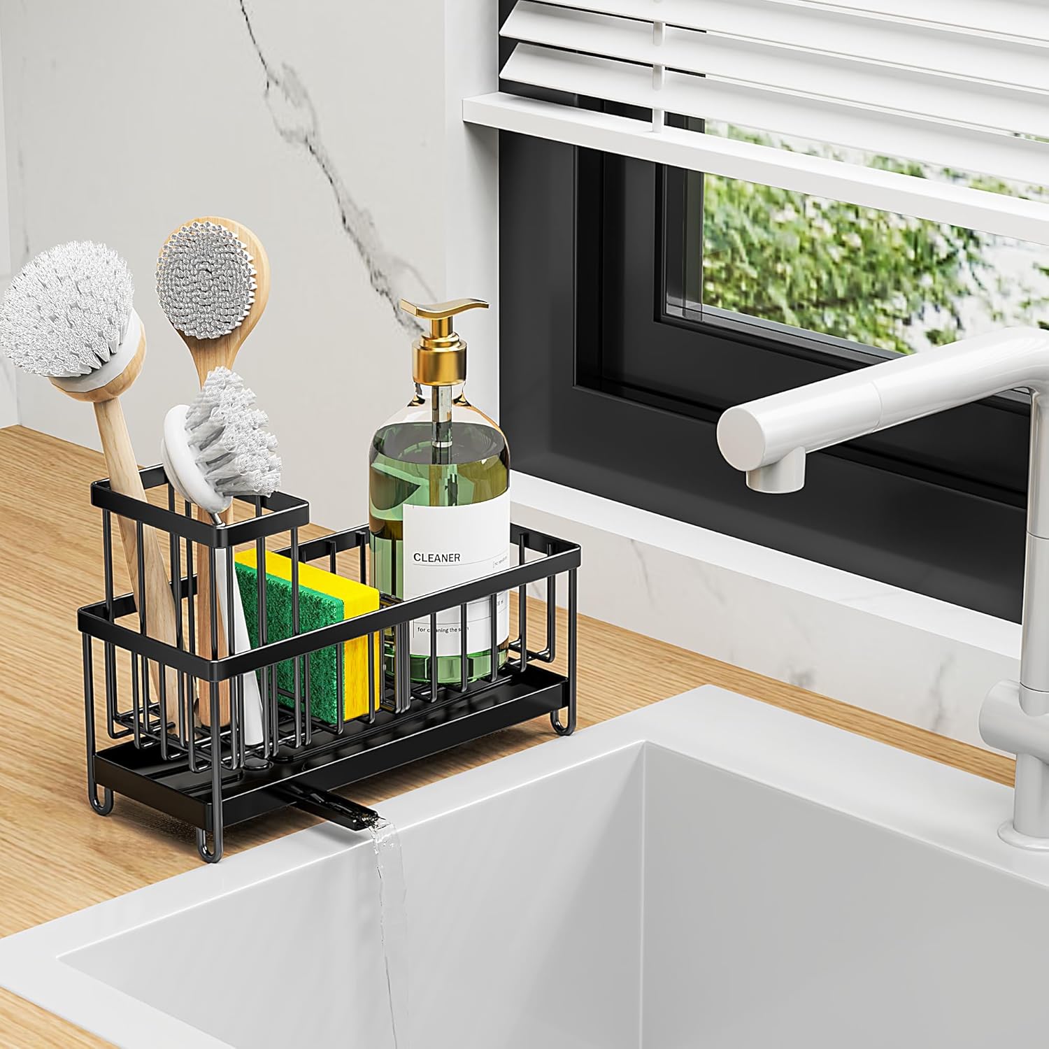 Black Sponge Holder for Kitchen Sink, Sink Caddy Organizer with High Brush Holder, Kitchen Countertop Organizer