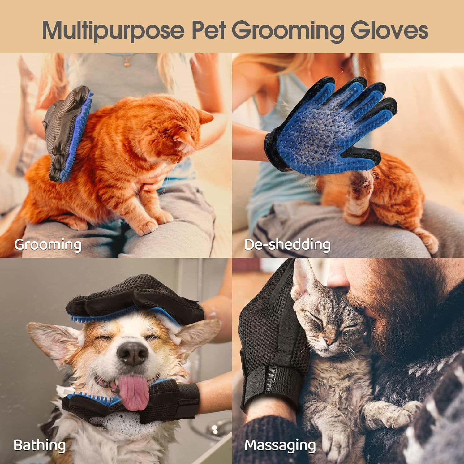 Upgrade Efficient Pet Hair Remover Gloves - Gentle Shedding Brushes for Dogs, Cats
