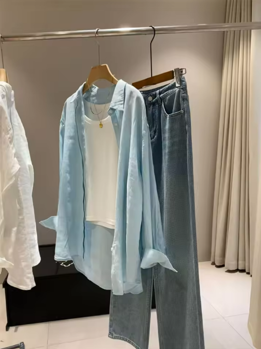 Light Blue Shirt with Tank Top and Jeans