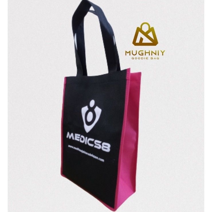 ( 25x35x10 ) Goodie Bag Jahit Custom Bahan Kain Spunbond 75 gram include sablon 1 warna dan 2 sisi Kombinasi warna bahan kain