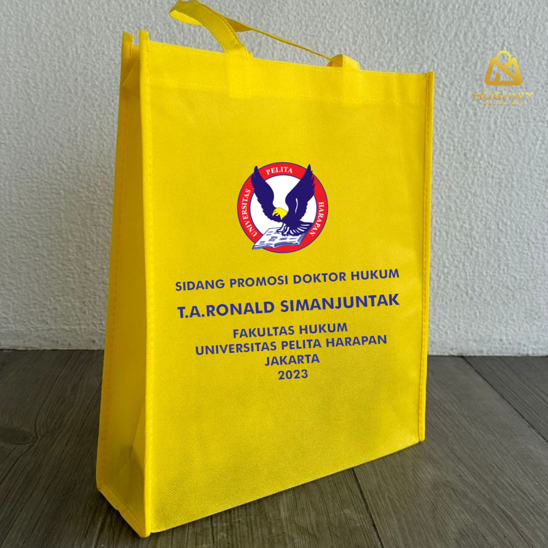( 30x40X10 ) Goodie Bag Jahit Custom Bahan Kain Spunbond 100 gram include sablon 3 warna tinta dan 1 sisi