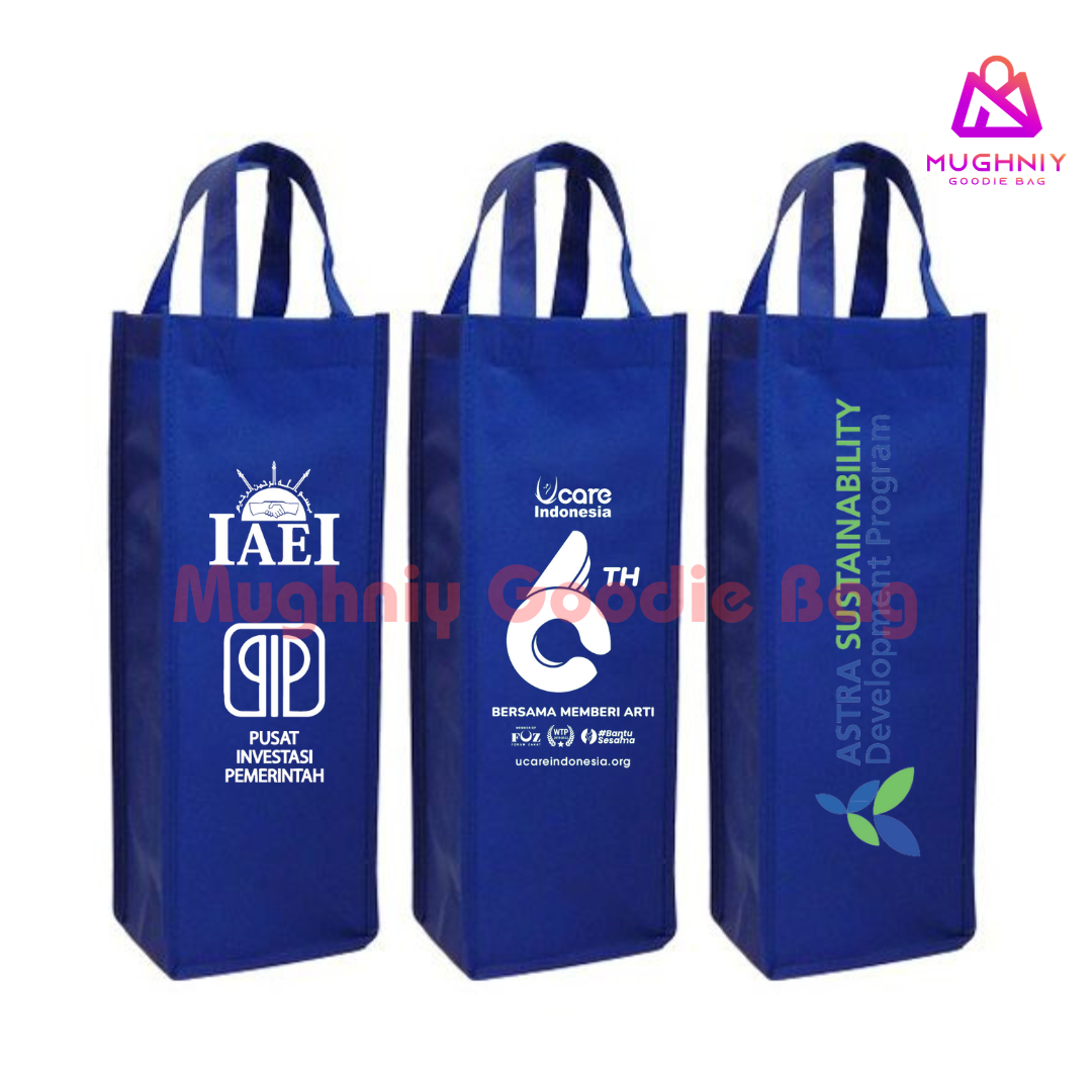 (10x10x30) Spunbond 10 gram - Goodie Bag Tumbler / Tote Bag Botol / Tas Wine include sablon 1 warna dan 1 sisi